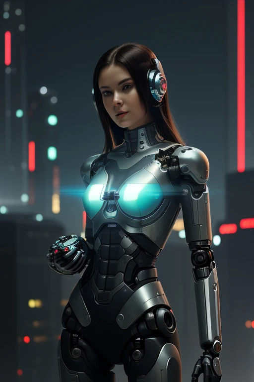 <lora:NTR-CYBERPUNK-EROTICA-05x1:0.5> cybernetic robotic torso,  a woman in a futuristic suit holding a gun in her hand, looking at the camera, cyberpunk art, neo-figurative, anime, cyberpunk