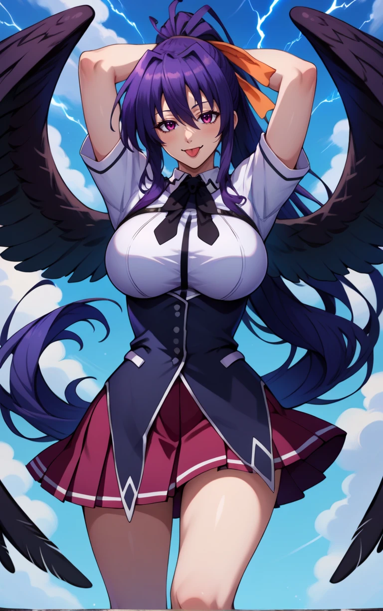 reze, (green eyes1.6), (purple hair:1.2), (masterpiece:1.2), best quality, (extremely detailed face:1.4), (highly detailed eyelash:1.6), highly detailed eyes, sharp details, high contrast, (shiny skin), elegant, elegant face, (massive breasts:2.1), (perky breasts:1.5), (completely nude), (nipples), (thick thighs:1.4), (white wings, two angel wings:1.5), adult woman, thick body, sexy body, milf, naughty face, in love, seductive smile, bare_shoulders, (blush), closed_mouth, pink lips, collarbone, cowboy_shot, day, earrings, jewelry, long hair, off_shoulder, outdoors, solo, standing, tree, cherry blossoms, (arms behind head), mature