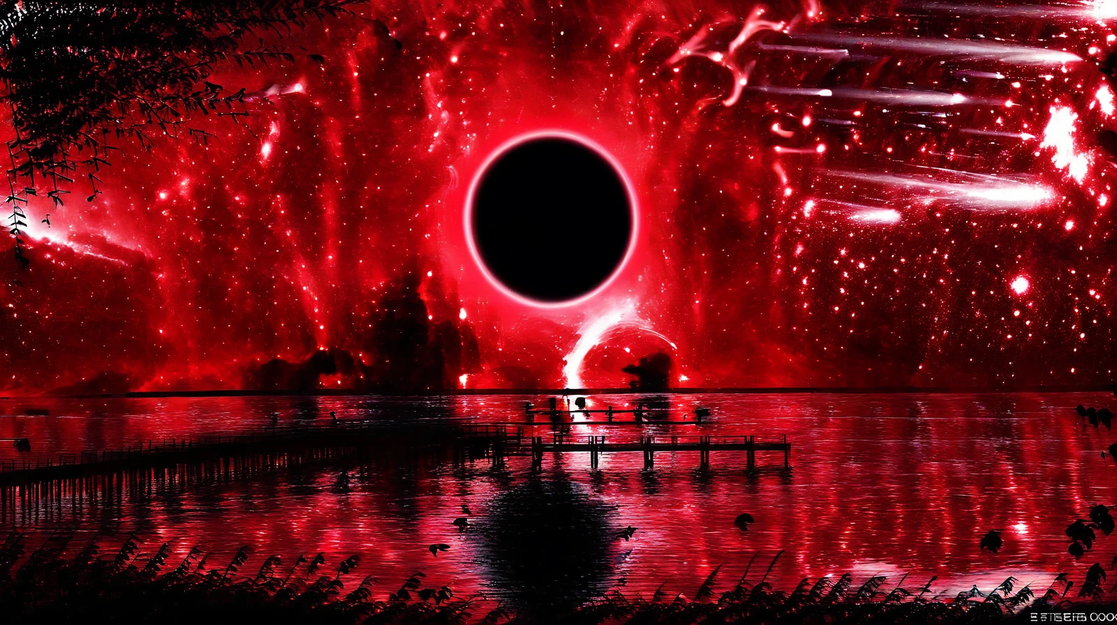 eclipse,1girl,sky,water,tree,night,moon,star (sky),scenery,starry sky,reflection,silhouette,bridge,red theme,
, <lora:Eclipse:1> ,<lora:add-detail-xl:0.8>