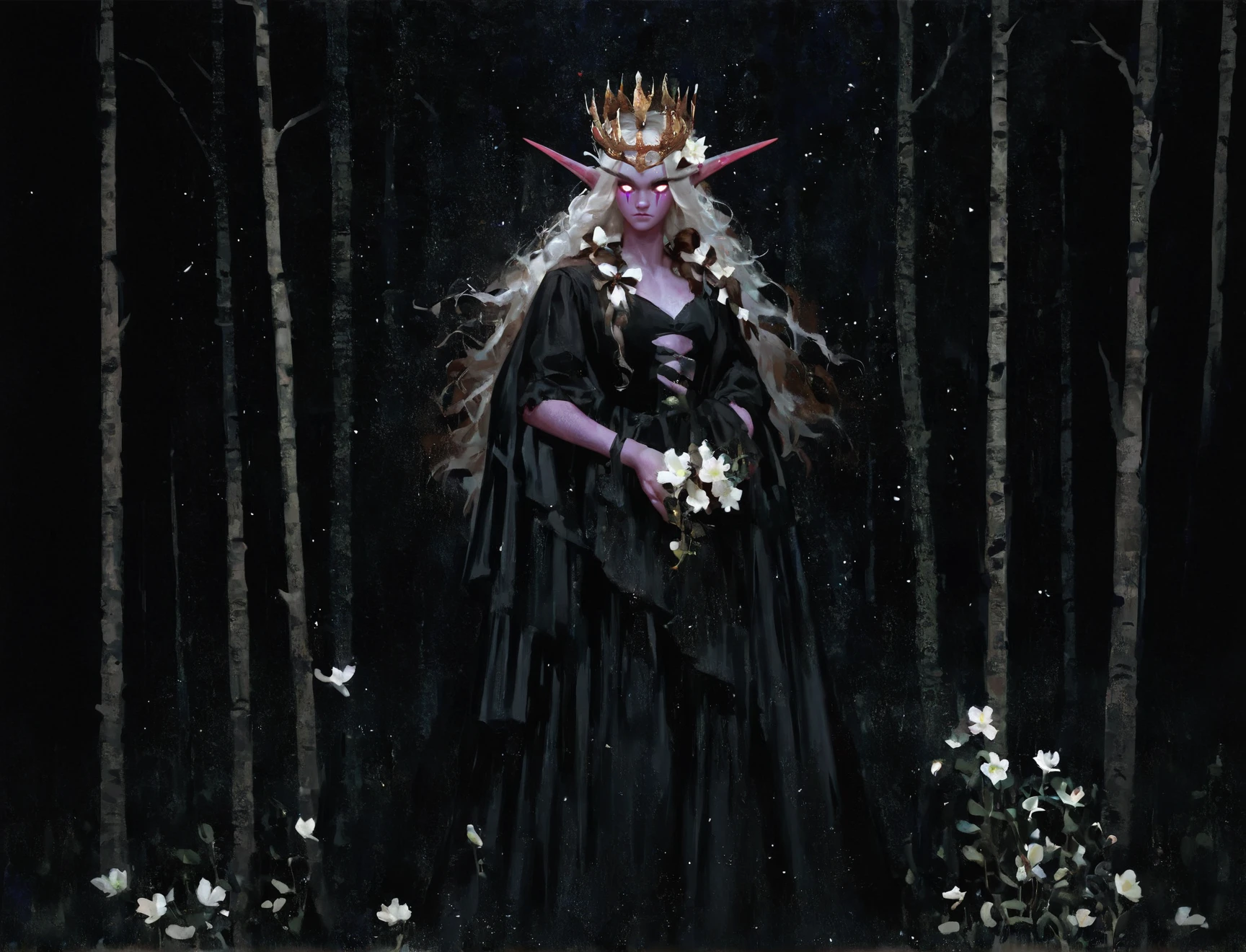 score_9, score_8_up, score_7_up, score_6_up, score_5_up, score_4_up, source_furry, digioils style, full body, a night elf holding a bow, warm colours, black background, dark brown hair, crown, flower in hair, black dress, white hair, night scenery, forest, <lora:Digi_mix:1>