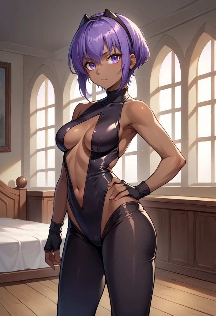 score_9, score_8_up, source_anime, SerenityBase, dark-skinned female, purple hair, purple eyes, short hair, black hairband, black leotard, center opening, black gloves, fingerless gloves, black leggings, standing, indoors, hand on hip, <lora:ChamHassanOfSerenityPonyXL:1>
