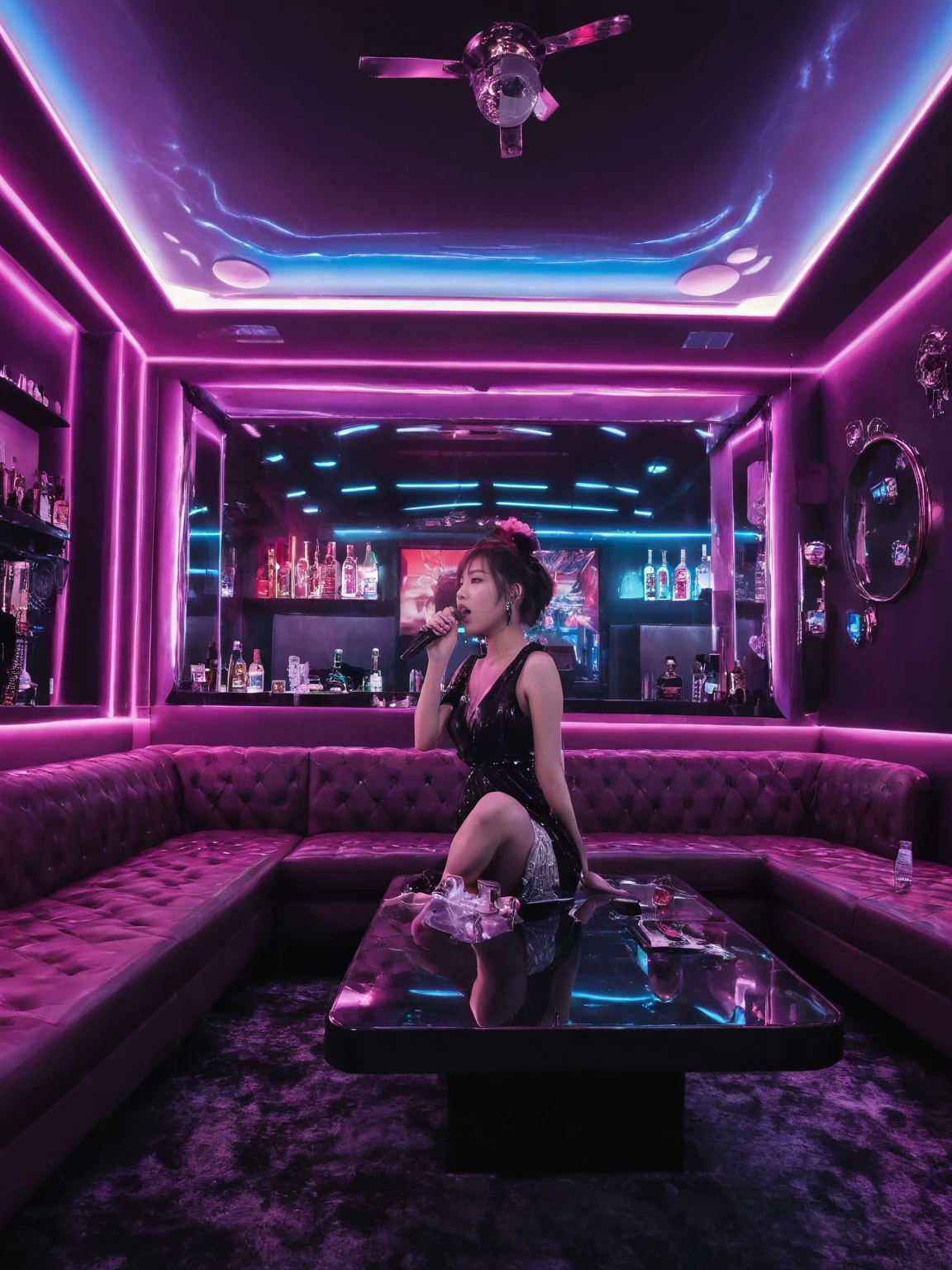 neonpunk style <lora:JJsKaraokeRoom_XL:0.6>,((Karaoke Room)), ((dramatic lighting)), Masterpiece, high quality, best quality, authentic, super detail , high quality, ceiling light, highly detailed, screen, sofa, table, bottle, glass, neon light,
((1girl, japanese, young girl, maiden dress, singing,  glamour body,sitting)),  microphone,  . cyberpunk, vaporwave, neon, vibes, vibrant, stunningly beautiful, crisp, detailed, sleek, ultramodern, magenta highlights, dark purple shadows, high contrast, cinematic, ultra detailed, intricate, professional