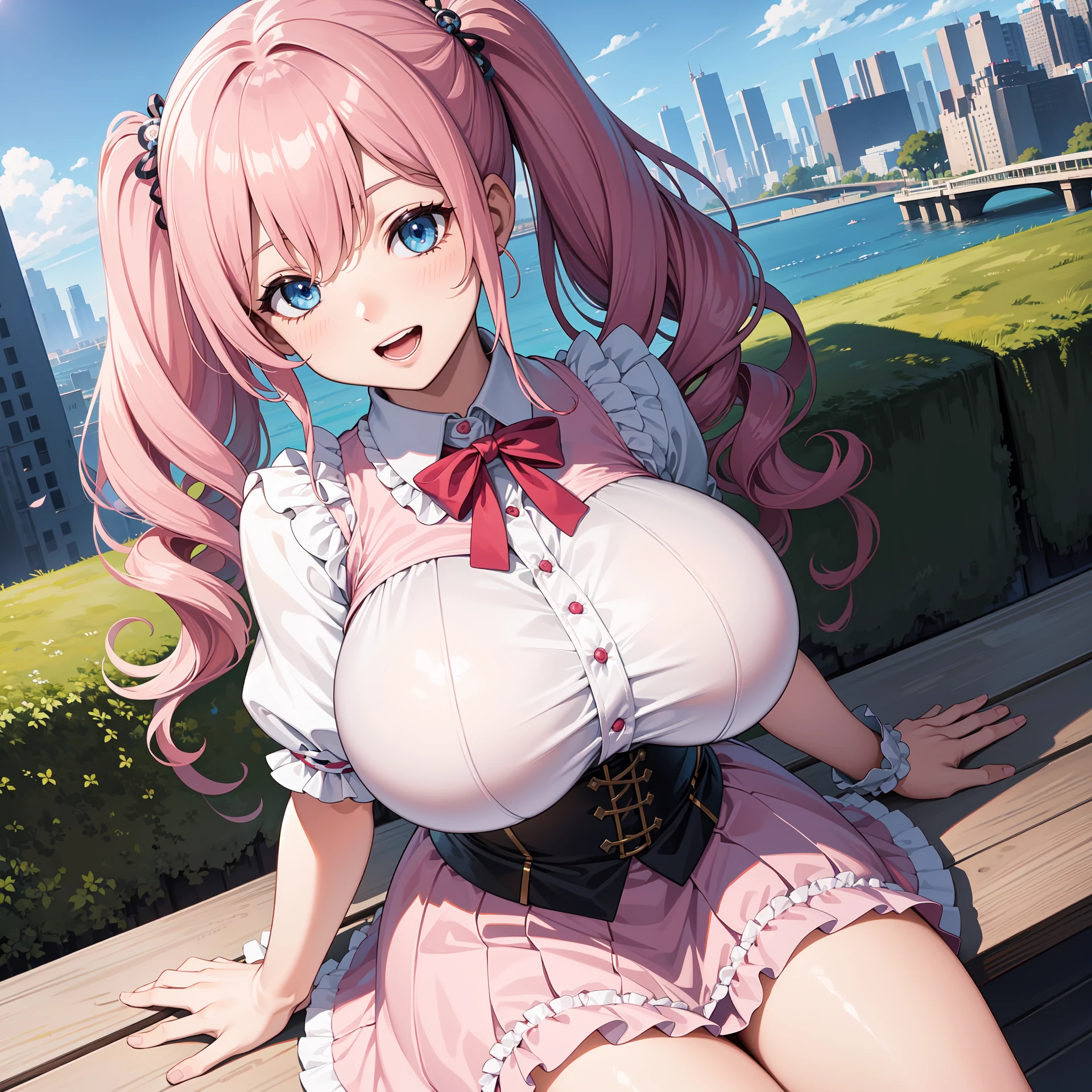 (masterpiece:1.1),(best quality:1.1),(hyper detailed:1.1),(high detail:1.1),(highest quality:1.3),absurdres,(blue eyes:1.1),pink hair,(curly hair:1.1),long hair,(huge breasts:1.3),frilly dress,from above,looking up,open mouth,smile,city,from below,(mature female:1.3),twintails,bench,sitting,head tilt,hands clenched,button gap,underbust,tight shirt,