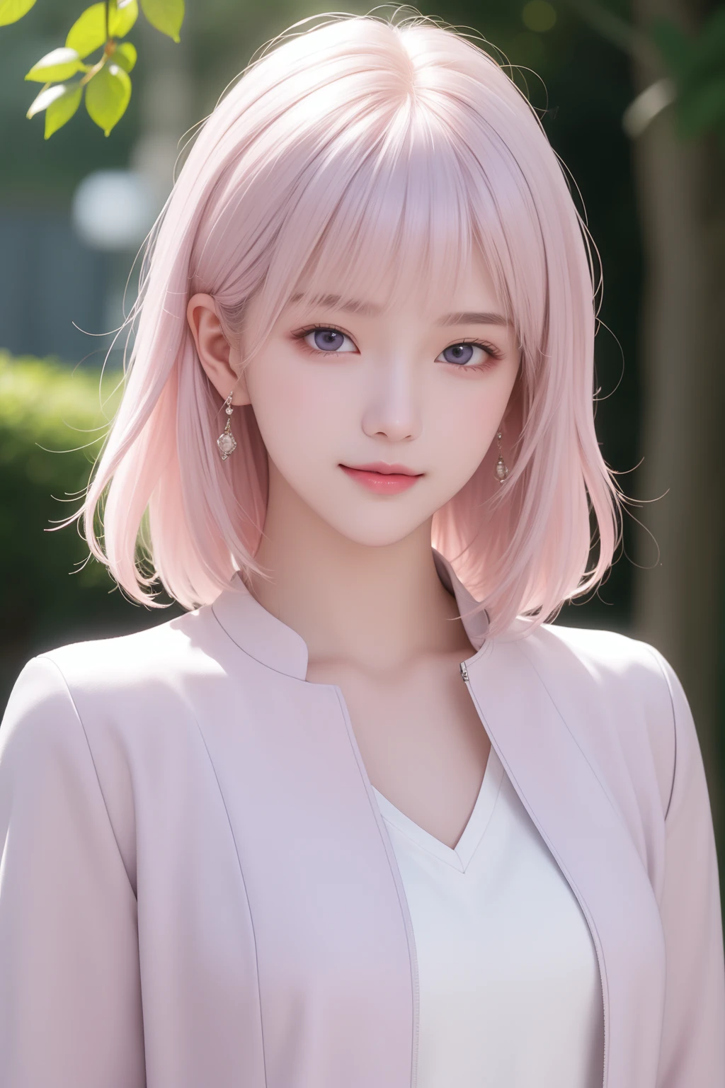 (masterpiece, best quality), intricate details, thin, ((slim)), beautiful girl, Light pink hair, white skin, light purple eyes, sharp jawline, cropped jacket, messy hair, lips, upper body, close up, smirk, outdoors,