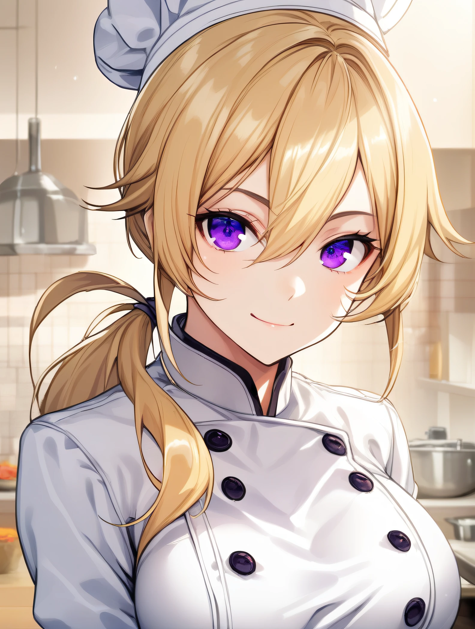 <lora:Erina:0.7> 1girl,solo,long blonde hair,breasts,looking at viewer,smile,bangs,large breasts,purple eyes,long sleeves,hair between eyes,closed mouth,upper body,ponytail,buttons,low ponytail,double-breasted,chef