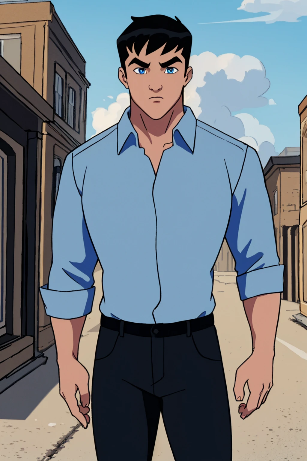 masterpiece,best quality,Bruce_Wayne,1boy,solo,wears blue shirt,standing,pants,looking at viewer,black hair,blue eyes,male focus