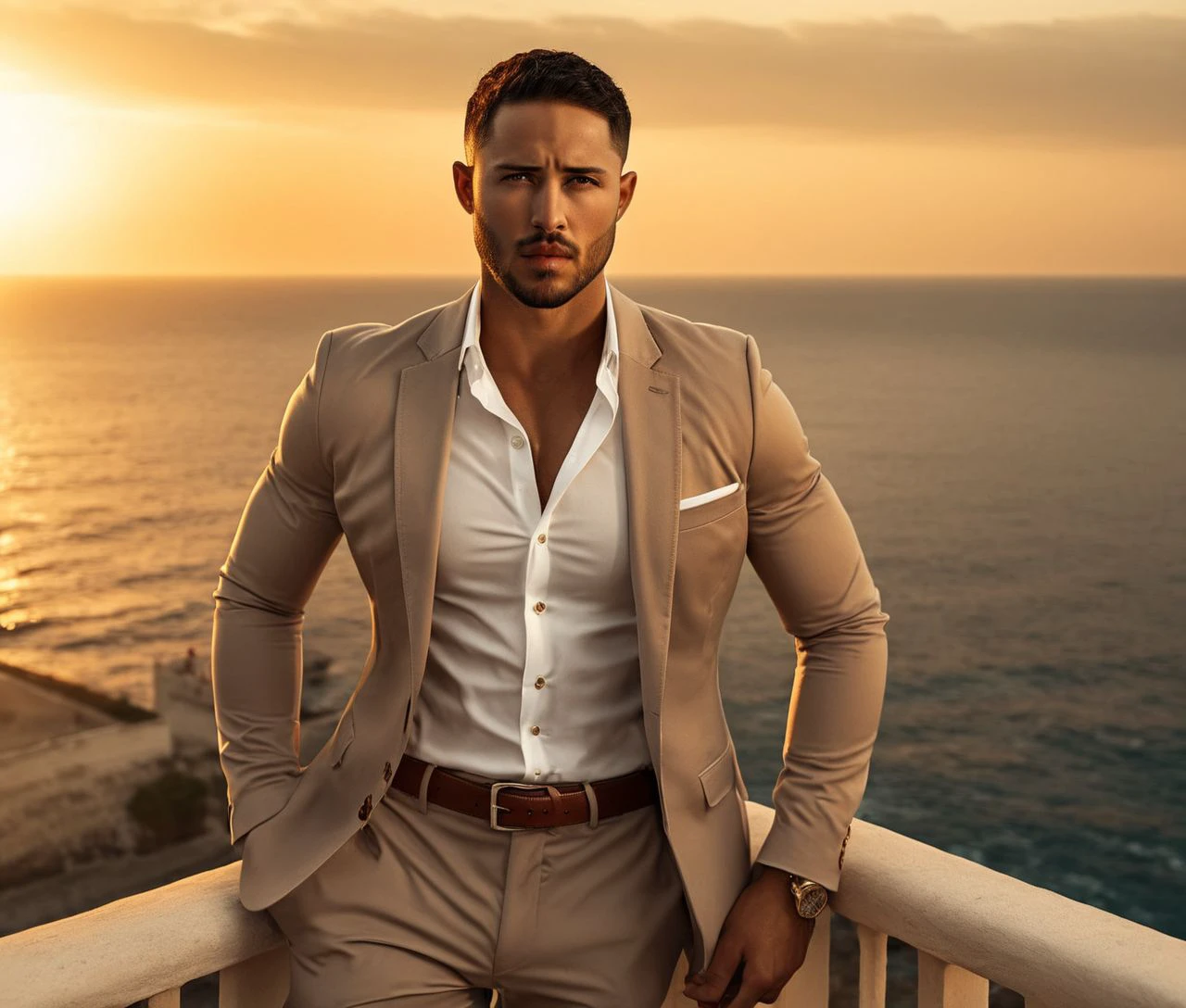 Nautical-themed (Photo:1.3) of (Ultrarealistic:1.3) <lora:Man_Men_FFashion:1> Maluma a man <lora:Aaron-Owen_Maluma:0.9> in a tan suit standing on a balcony, handsome man, attractive man, handsome male, sun behind him, inspired by Pablo Munoz Gomez, shot at golden hour, editorial photograph, midshot of a hunky, by Roman Bezpalkiv, by Artur Tarnowski, maxim sukharev, by Gabor Szikszai,Highly Detailed,(Mono Color:1.3) . Sea, ocean, ships, maritime, beach, marine life, highly detailed