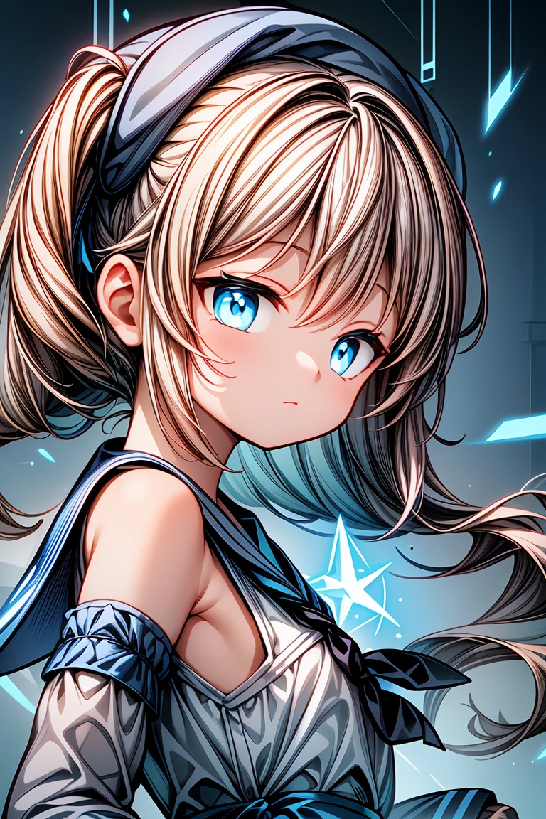 professional_artwork,best_quality,(white and blue theme:1.3),1girl,solo,(mature_female,elegant,evil,beautiful:1.2),closed_mouth,sailor_dress,serafuku,shoulder_sash,((Detailed)), ((Masterpiece)), ((Impressive)), ((Magic Circle)), ((Elegant)), ((Mind-blowing)), ((Phenomenal)), anime, Shojo, Drama, digital artwork, Digital masterpiece, Digital masterpiece, Digital illustration, neon light, Neon illumination, Electrifying light, Vibrant glow, 35mm, Panoramic view,Illustration,Cover,enigmatic figure,crystals adorning hair,dreamlike swirl,pastel hues,soft light,evoking calm serenity and elusive beauty,Non-representational,colors and shapes,expression of feelings,imaginative,highly detailed,shoulder_sash,blue_trim,grey_eyes,fingerless_gloves,headwear,close-up,looking_at_viewer,from_side
