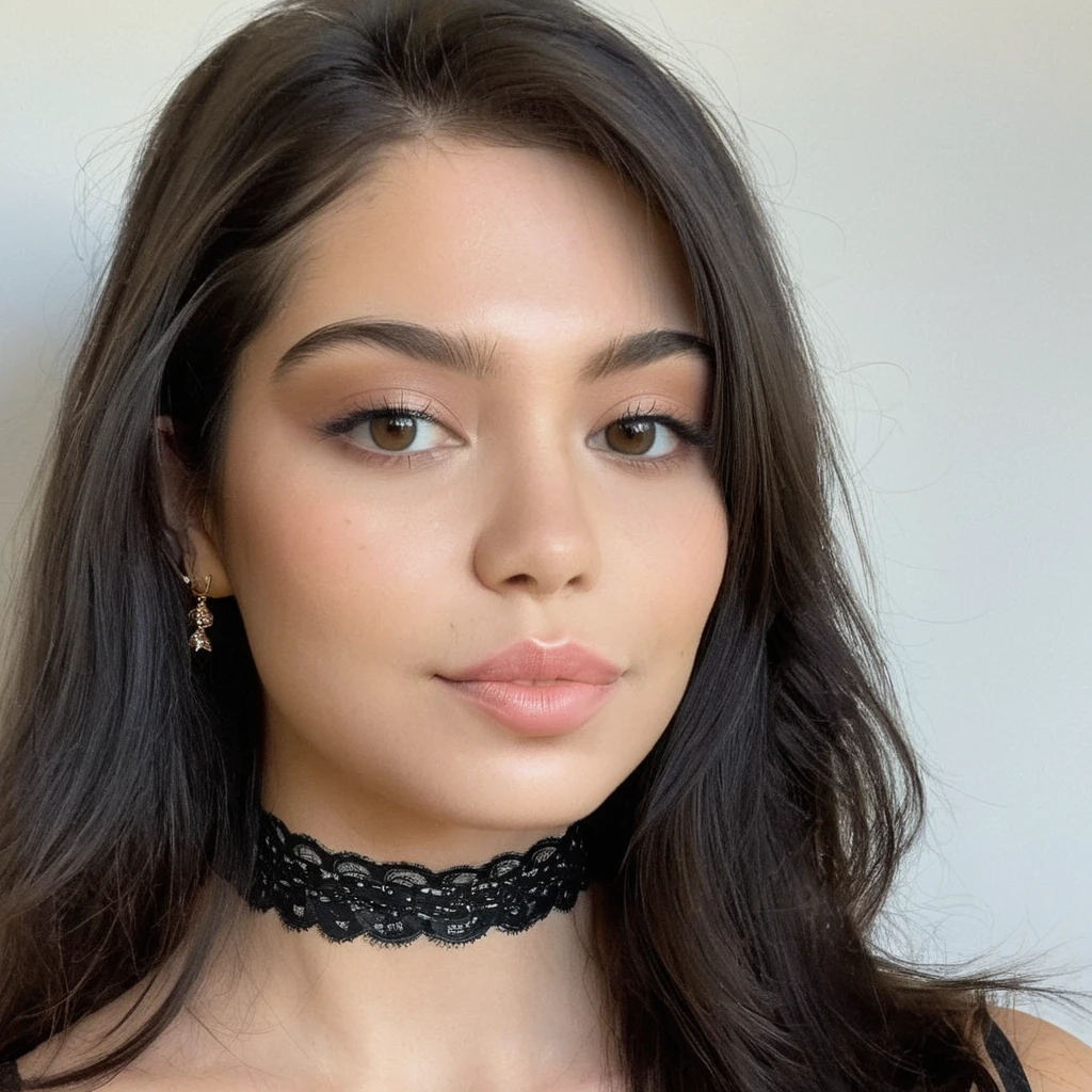 Looking straight at the camera, Film grain, skin texture, Instagram closeup selfie of a woman straigth long glossy hair wearing a thin dior lace choker,f/1.8, <lora:aulicravalho_xl_1_standard_wo_cap-000059:1>