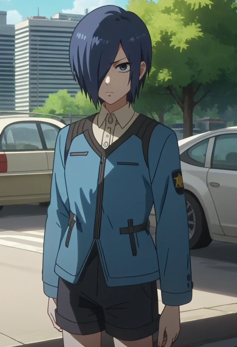 score_9, score_8_up, score_7_up, source_anime, anime screencap, solo, 1girl, kirishima touka, expressionless, looking at viewer, standing, blue hair, hair over one eye, blue eyes, blue jacket, long sleeves, white shirt, collared shirt, black shorts, outdoors, city street <lora:tokyoghoul_kirishima_ponyXL:1>
