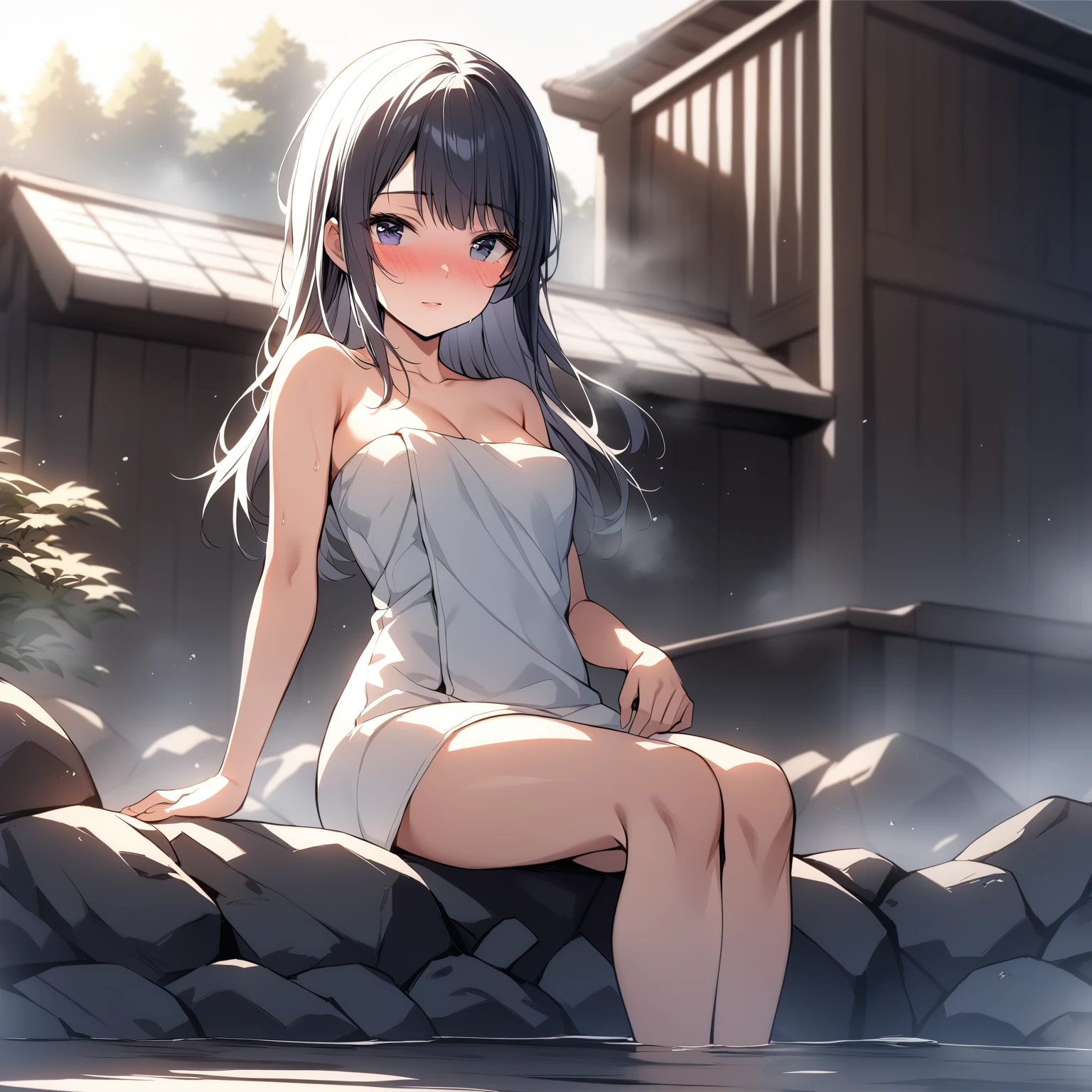 [high quality, best quality], cinematic, 1girl, solo, nagase kotono, naked towel, sitting, looking at viewer, full-face blush, onsen, steam, bloom, hdr, <lora:ktn:0.64>