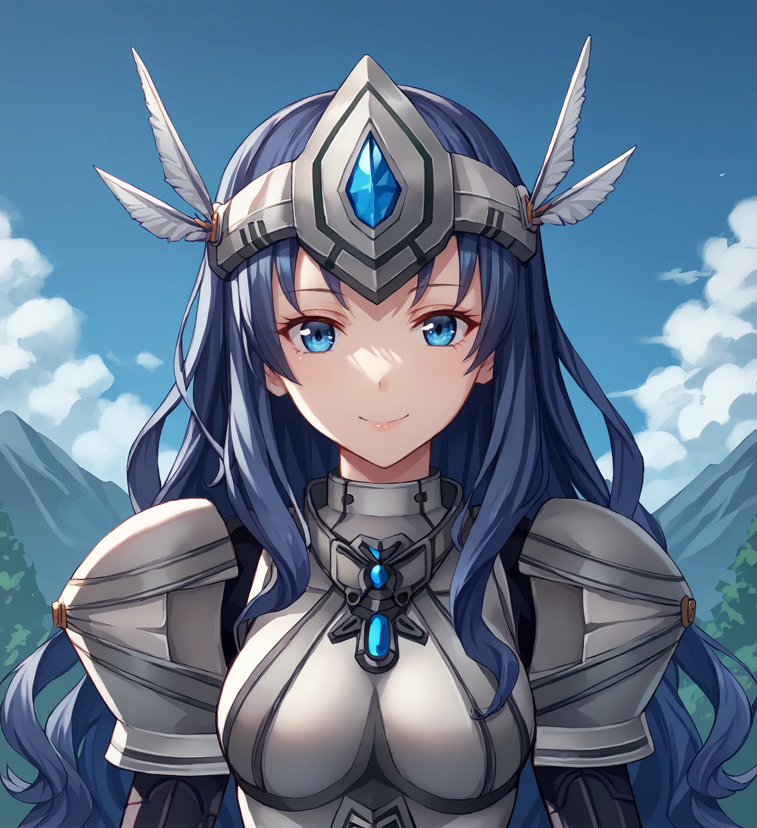 score_9, score_8_up, score_7_up, score_6_up, score_5_up, score_4_up, BREAK source_anime,
<lora:TrailsOfColdSteel-Guests:0.9>, Ennea, blue hair, long hair, wavy hair, blue eyes, medium breasts, armor, armored dress, winged visor, wing ornament, bodysuit, black bodysuit, pantyhose, armored boots, greaves, red skirt,
OUTDOORS, SKY, CLOUDS, DISTANT MOUNTAINS,
looking at viewer, smile, upper body, portrait, front view,
<lora:rhasta:1>,