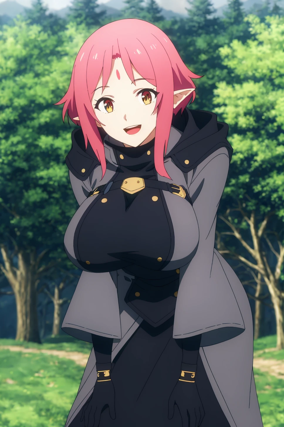(masterpiece,best quality:1.5), 1 girl, cowboy shot, breasts, (nude:1,3), (yellow eyes, detailedd eyes:1.1), (pink hair, middle part hair:1.2), (bindi dot), black gloves, wolbach from Konosuba, black suit, (elf ears:1.1), <lora:wolbach-000002:0.75>, ultra realistic,32k,RAW photo,(high detailed skin:1.2), 8k uhd, dslr, soft lighting, high quality, film grain