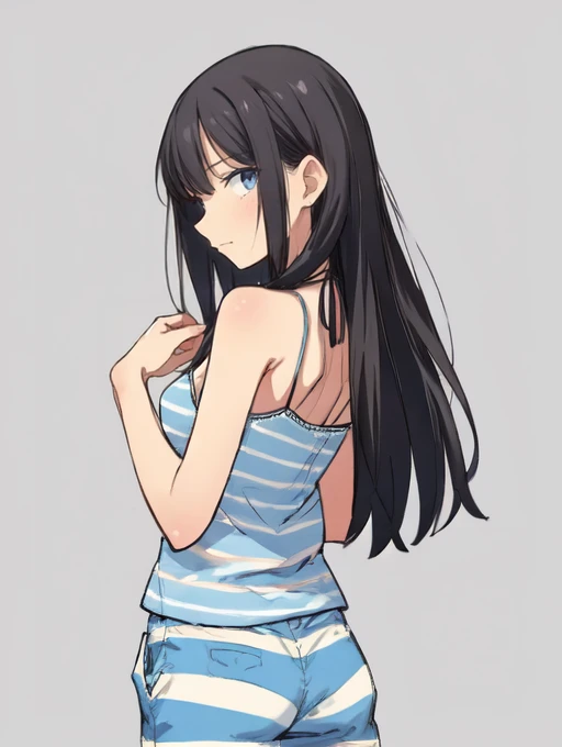 (masterpiece, high quality,:1.4), BREAK,
1girl, solo, skinny, slender,
camisole, strap slip,
striped pants,
smug,
light blue,
black,
low-tied long hair,
bras d'honneur,
closed mouth ,
BREAK,
from behind,