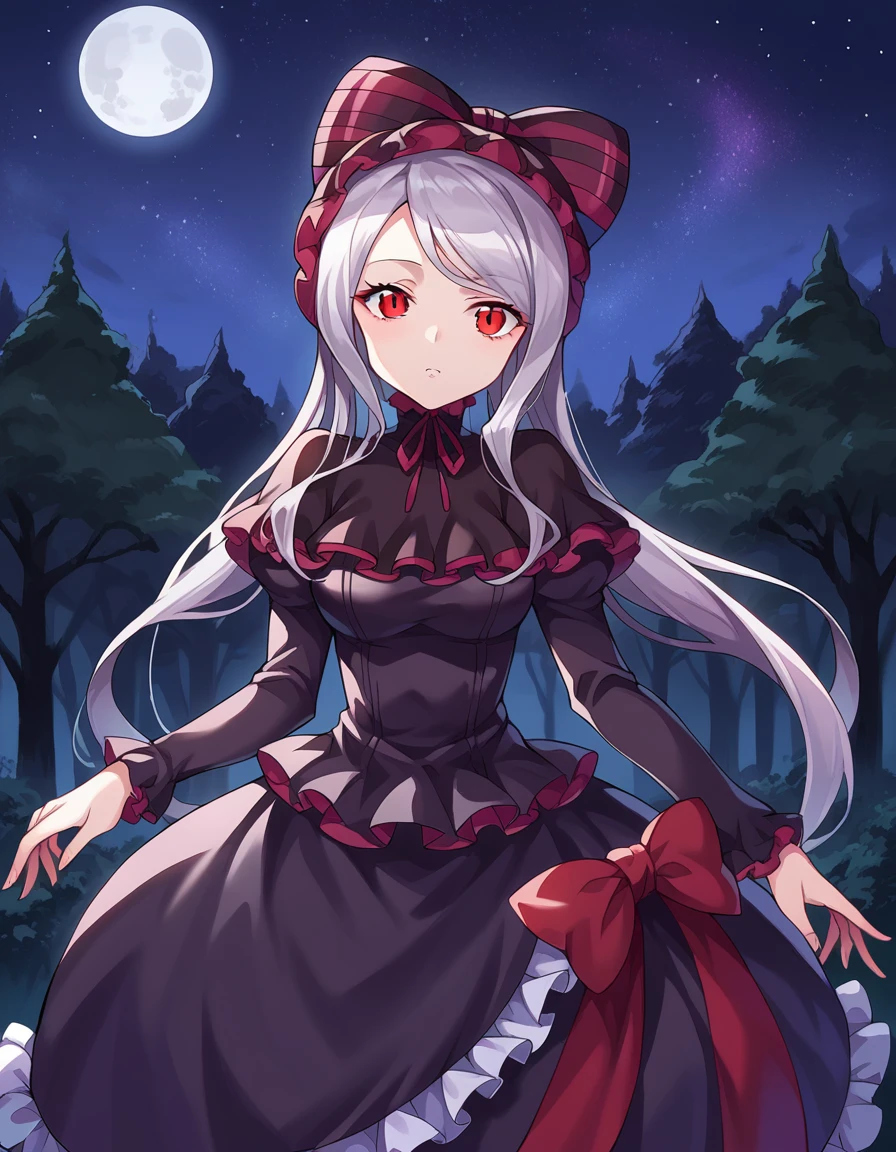 score_9, score_8_up, score_7_up, source_anime,
shalltear, <lora:shalltear-bloodfallen-ponyxl-lora-nochekaiser:1>,
shalltear bloodfallen, grey hair, long hair, red eyes, silver hair,
black dress, bonnet, bow, dress, frilled dress, frills, large bow, long sleeves, vampire,
outdoors, night, forest, night, moon, starry sky,
looking at viewer, cowboy shot, dutch angle,