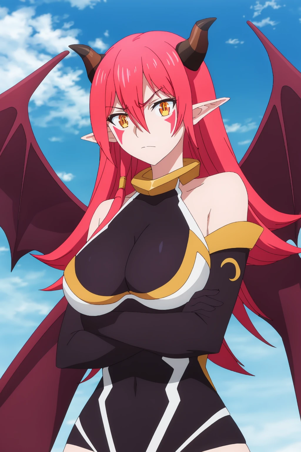 (masterpiece, best quality:1.2), solo, 1girl, ksarnes, facial mark, serious, looking at viewer, crossed arms, pointy ears, horns, leotard, elbow gloves, wings <lora:konosuba_arnes:0.9>