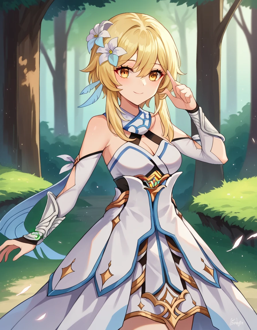 score_9, score_8_up, score_7_up, source_anime,
genshinlumine, <lora:genshin-lumine-ponyxl-lora-nochekaiser:1>,
lumine, bangs, blonde hair, hair ornament, hair between eyes, yellow eyes, flower, hair flower, feather hair ornament, smile,
dress, bare shoulders, detached sleeves, scarf, white dress, white footwear, cleavage, detached collar,
outdoors, nature, forest,
looking at viewer, dynamic pose,
