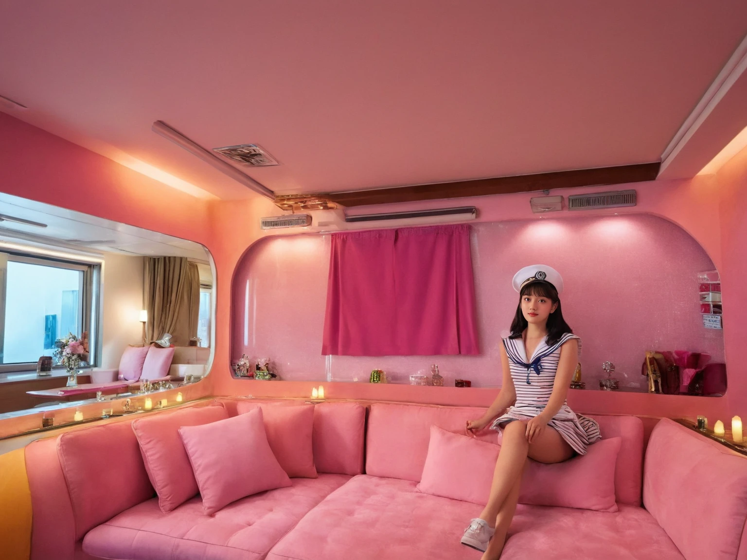 <lora:JJsLoveHotel_XL:1>,((Love Hotel)), ((dramatic lighting)), Masterpiece, high quality, best quality, authentic, super detail , high quality, ceiling light, highly detailed, screen, sofa, coach, pillow,, bottle, glass,
((1girl,school dress, sailor fuku sitting on sofa)),