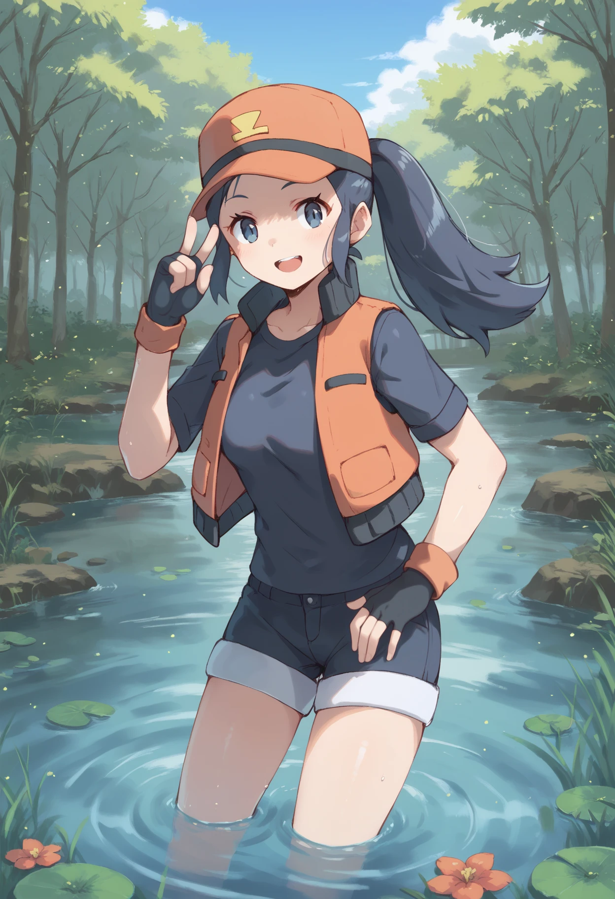 score_9, score_8_up, score_7_up, score_6_up, BREAK source_anime, best quality, masterpiece
1girl,<lora:pokemonranger orasPonyXL:0.8>,pokemonranger oras,baseball cap,fingerless gloves,orange vest,black shirt,black shorts,cowboy shot,standing,smile,pointing,swamp