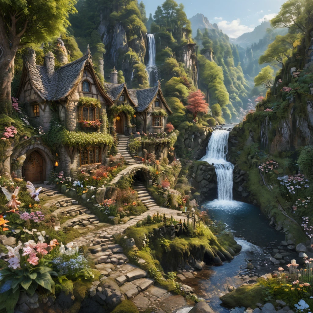 <lora:Fairy_Tale_Village:1>a fairy tale village, cobblestone path, small creek, waterfall in the background, some trees, flowers, detailed, photographic, intricate, epic shot, masterpiece, (crystal clear:1.0)<lora:add-detail-xl:1> <lora:xl_more_art-full_v1:1>some DOF