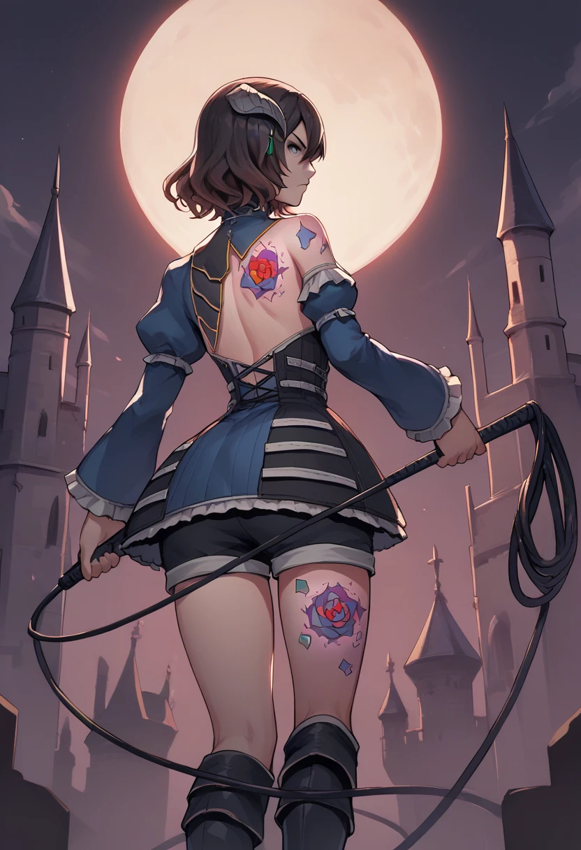 score_9, score_8_up, score_7_up, source_anime, 1girl, from behind, looking back, serious, <lora:MiriamBS-pdxl:1> miriamBS, short hair, hair ornament, horns, back, tattoo, dress, detached sleeves, shorts, boots, holding whip, full moon, vampire castle