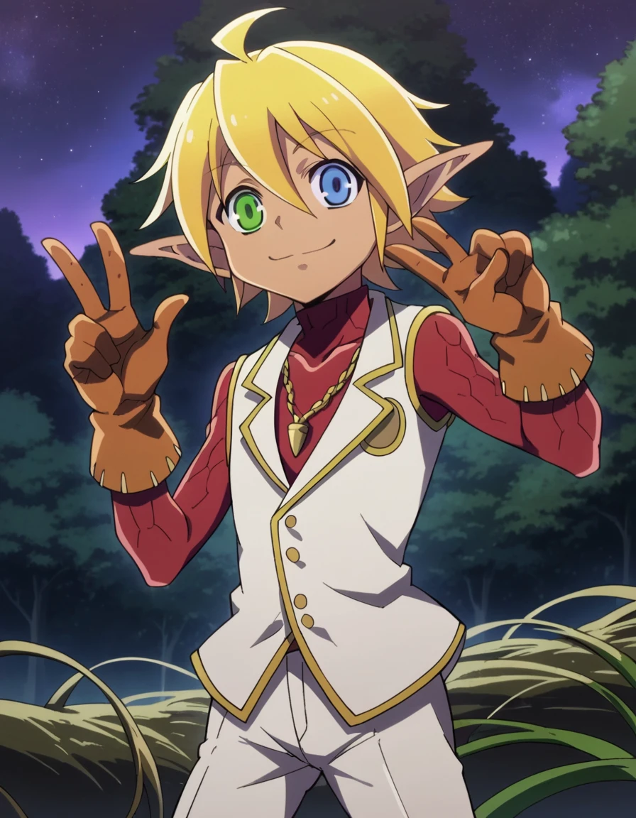 score_9, score_8_up, score_7_up, source_anime,
aurabellafiora, <lora:aura-bella-fiore-ponyxl-lora-nochekaiser:1>,
aura bella fiora, short hair, blue eyes, blonde hair, hair between eyes, green eyes, ahoge, pointy ears, dark skin, heterochromia, elf, dark elf, smile, peace sign,
gloves, jewelry, necklace, vest, white vest, pants, white pants,
outdoors, night, night sky, forest, nature,
looking at viewer,