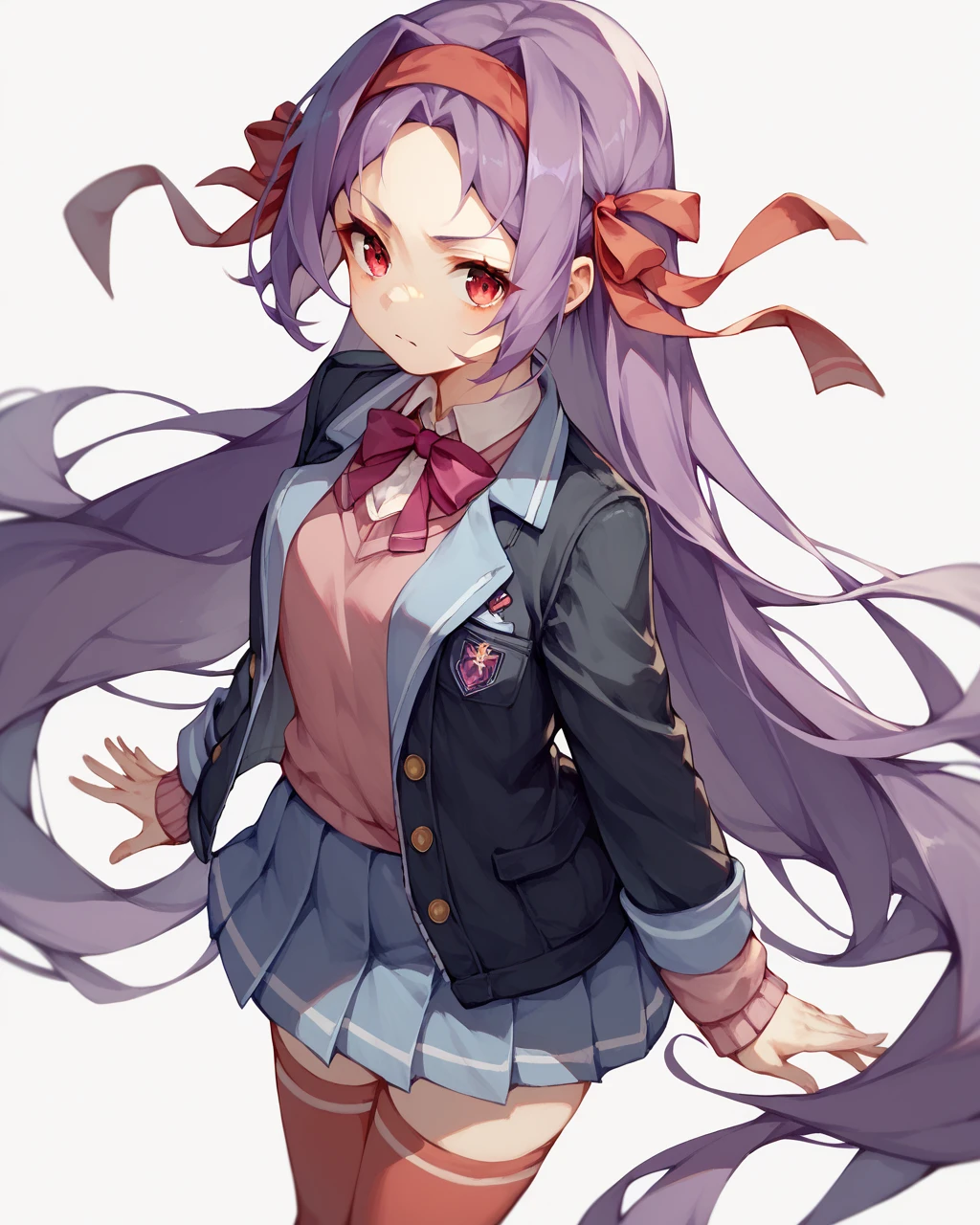 score_9, score_8_up, score_7_up,
<lora:Uesato_Hinata_PONY:1>,1girl,solo,very long hair,red eyes,purple hair,hair band,hair ribbon,school uniform,jacket,red thighhighs,