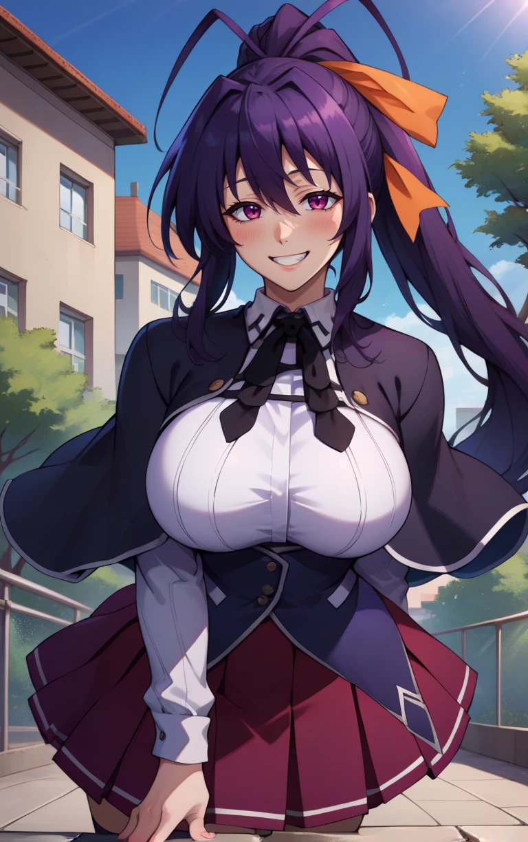 masterpiece, best quality, ultra high res, beautiful detailed hair detailed face, perfect feminine face, close-up potrait, face focus, SeeleV4, 1girl, solo, looking at viewer, bare shoulders, slight smile, outdoors, sky, shorts, ahoge, ((purple eyes)), night, night sky, single glove, single gauntlet, city alley, steps, rain, thunder, sitting, (naked:1.2), (gigantic breasts), huge cleavage, large areolae, nipples