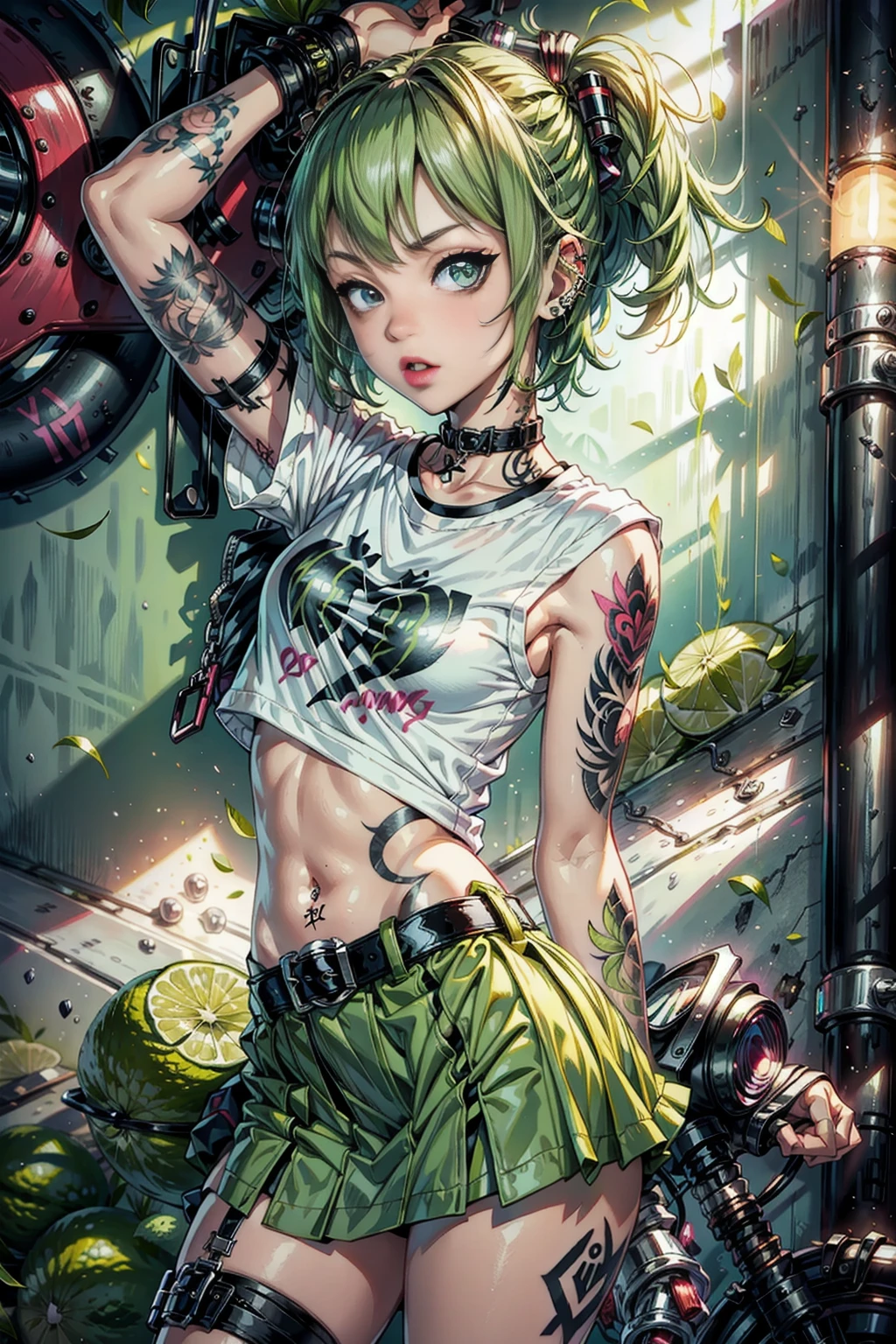<lora:LimeWorld:1> (LimeWorld:1.1) 1girl (punk bikini:1.3)(full tattoo:1.5)  (sexy skinny:1.3) (writer grafitti:1.2)
