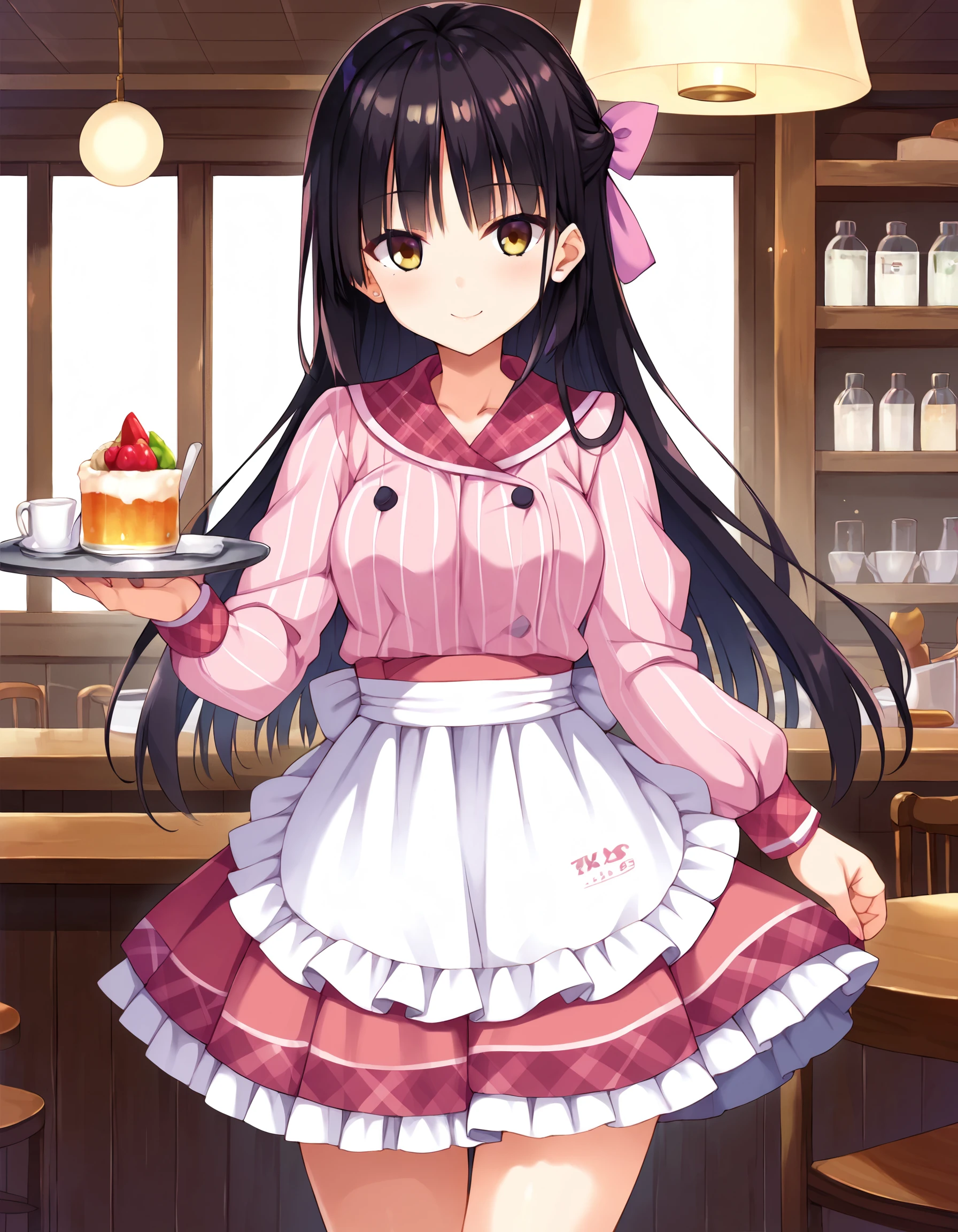 score_9, score_8_up, score_7_up, source_anime,
pinup of 1girl, solo, in cafe, cowboy shot, indoors, standing, holding tray, smile,
skntm, long hair, black hair, hair bow, ribbon, bangs, blunt ends, yellow eyes, medium breasts,
waitress, pink shirt, striped shirt, vertical stripes, plaid sailor collar, pink miniskirt, pleated skirt, pink plaid skirt, thighs, long sleeves, puffy sleeves, waist apron, white frilled apron,
<lora:ShikiNatsume_pony_v1r:0.8>