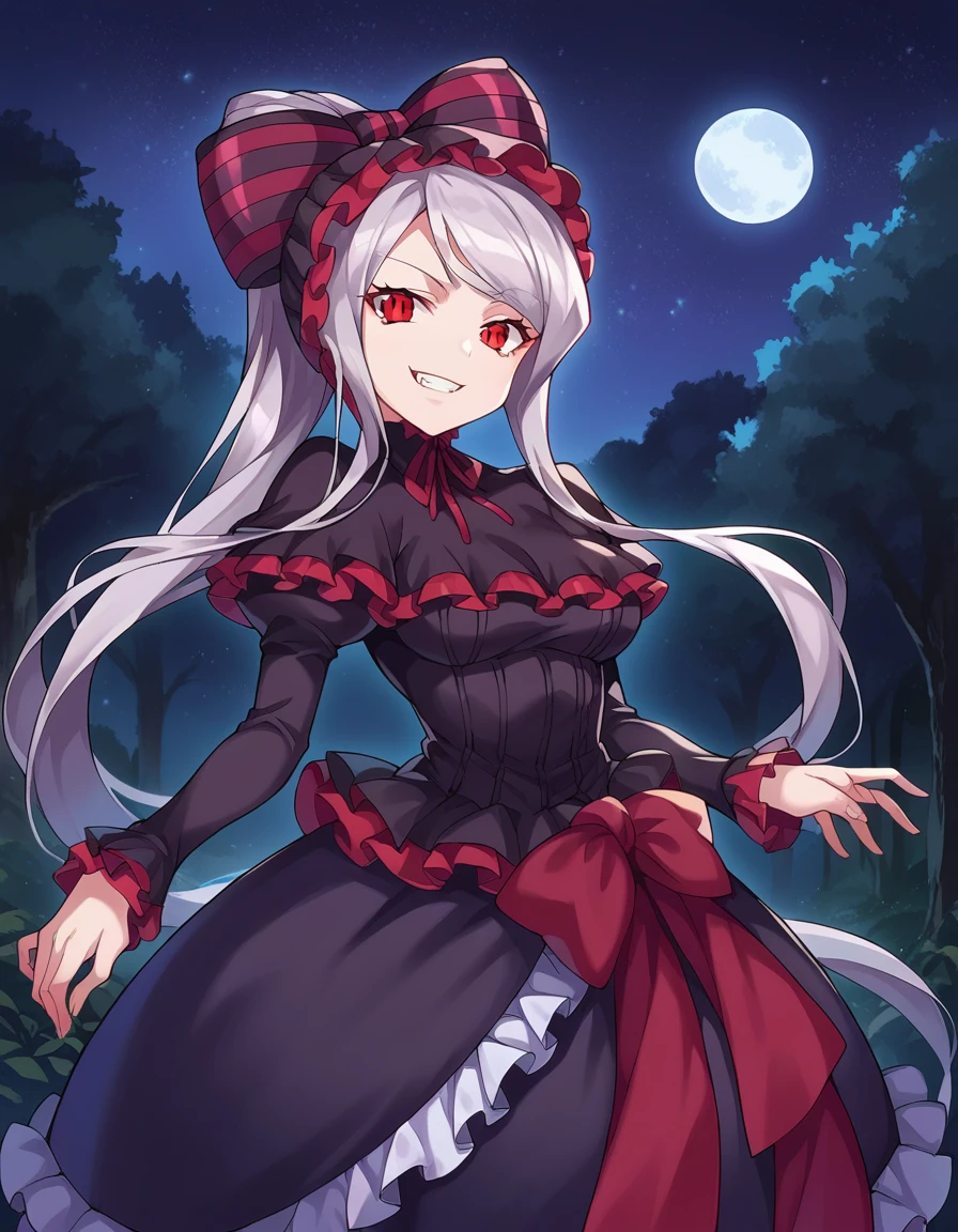 score_9, score_8_up, score_7_up, source_anime,
shalltear, <lora:shalltear-bloodfallen-ponyxl-lora-nochekaiser:1>,
shalltear bloodfallen, grey hair, long hair, red eyes, silver hair, evil smile, evil grin,
black dress, bonnet, bow, dress, frilled dress, frills, large bow, long sleeves, vampire,
outdoors, night, forest, night, moon, starry sky,
looking at viewer, cowboy shot, dutch angle,
