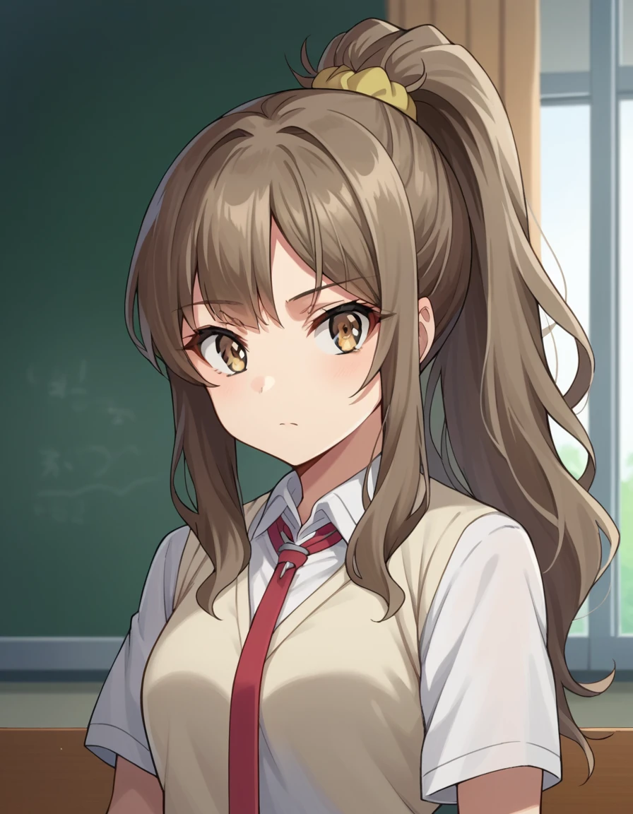 score_9, score_8_up, score_7_up, source_anime,
riofutaba, <lora:rio-futaba-ponyxl-lora-nochekaiser:1>,
rio futaba, long hair, brown hair, brown eyes,
shirt, hair ornament, school uniform, white shirt, ponytail, short sleeves, necktie, scrunchie, red necktie, hair scrunchie,
indoors, classroom, sitting,
looking at viewer, cowboy shot, dutch angle, dynamic pose,