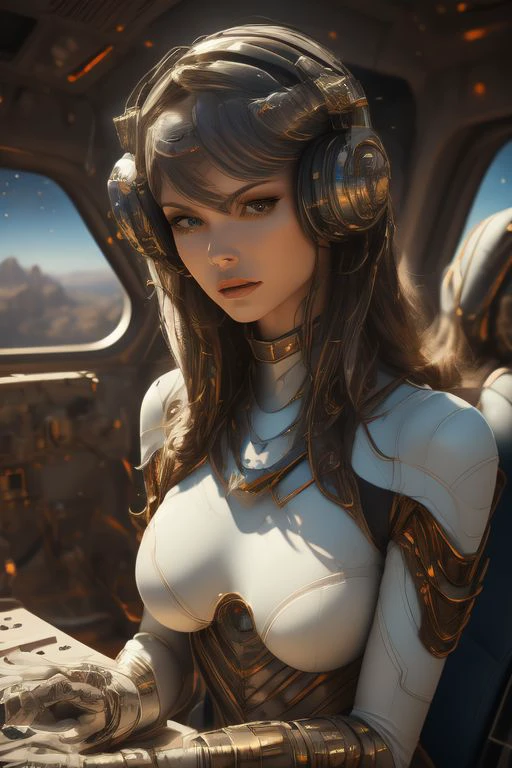 <lora:4LCOMIC:0.8> laureline , comics was created by Jean-Claude Mzires,
 sexy body metalic armour intricate detailed
 armour see through bodysuits
pilot uniform
pilot seat
space craft
galaxy
nebula