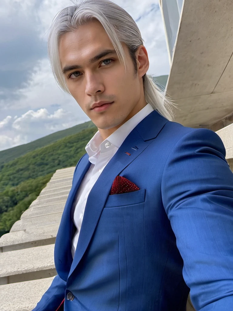 Masterpiece, perfect body, Man, Irisphilia, white hair, long hair, ponytail, hair between eyes, red eyes, straight-on, feet out of frame, looking_at_viewer, (blue suit), white shirt, blue pants, <lora:add-detail-xl:1>