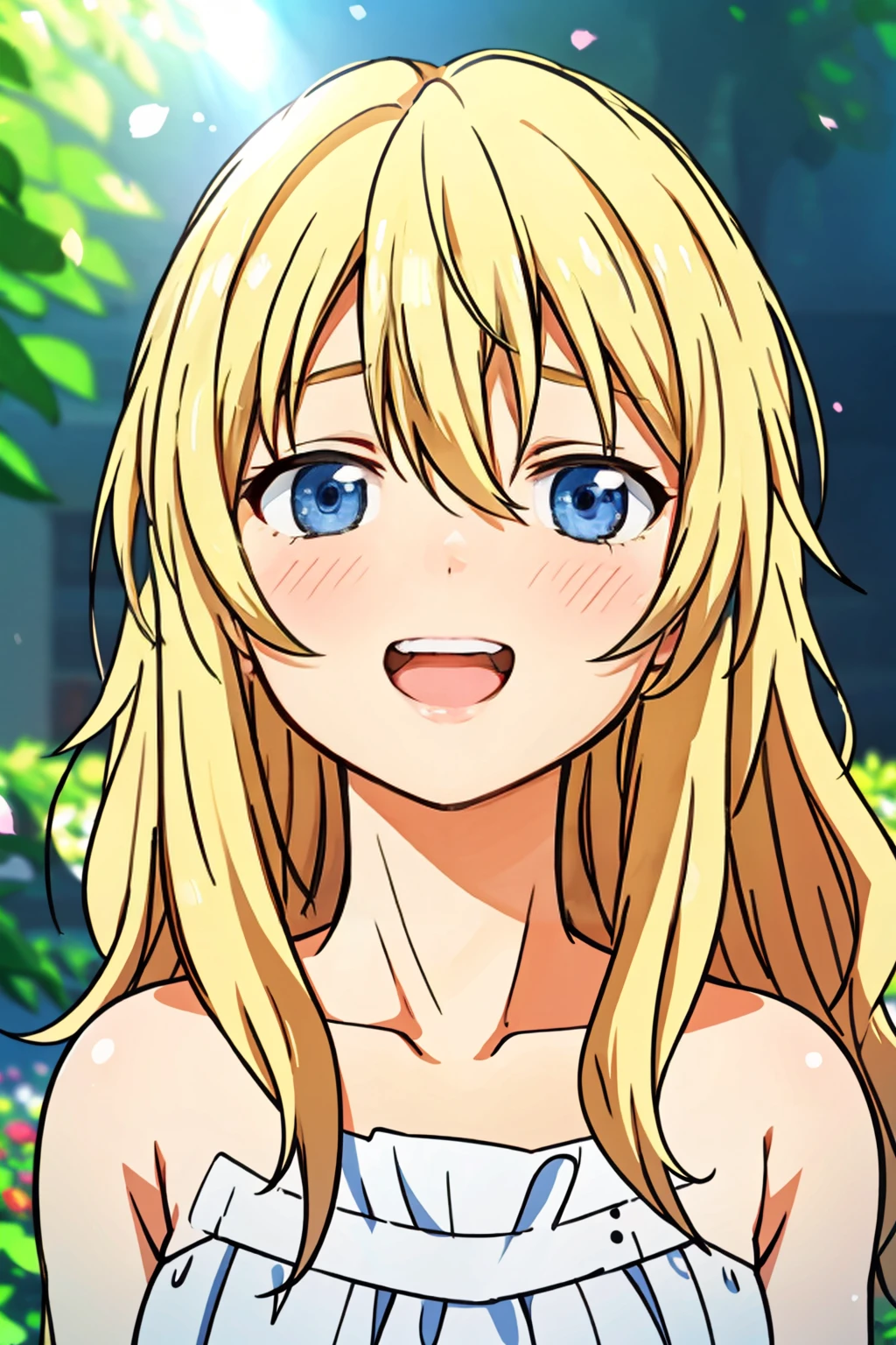 1girl, kaorimiyazonor4, blonde hair, long wavy hair, hair between eyes, pale indigo eyes, mature female, mature face, beautiful smile, open mouth, nose blush, white strapless dress, street, (blurry background, blurry foreground, depth of field, ambient lighting:1.3), lens flare, light particles, morning, sunlight, <lora:KaoriMiyazonoR4:0.7>