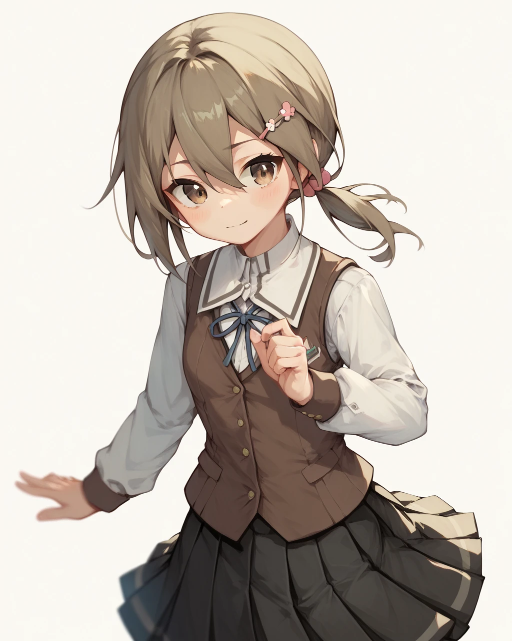 score_9, score_8_up, score_7_up,
<lora:Minowa_gin_PONY:1>,1girl, solo,brown hair,brown eyes,hair ornament, low ponytail,hair between eye, striped thighhighs, skirt,school uniform,pleated skirt,long sleeves,black skirt,vest,