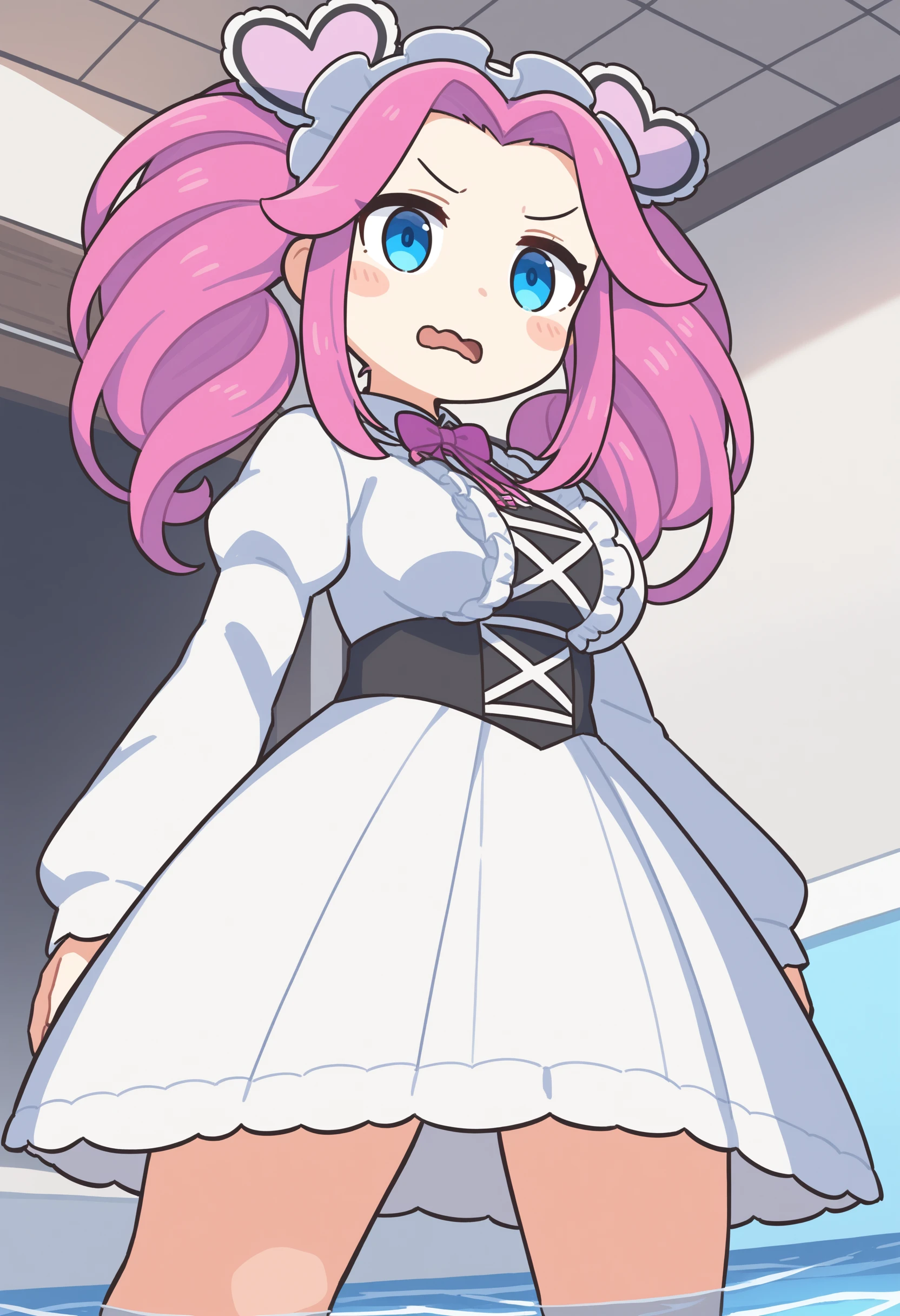 1girl,shikoku metan, voicevox,<lora:metan_XL_v1:0.5>,solo, blue eyes, pink hair, long sleeves, long hair, blush stickers, white dress, twintails, puffy sleeves, frills, twin drills, maid headdress,heart hair ornament,
from below, cinematic angle, looking at viewer, wavy mouth, swimming pool, open mouth,
masterpiece, best quality, very aesthetic, absurdres