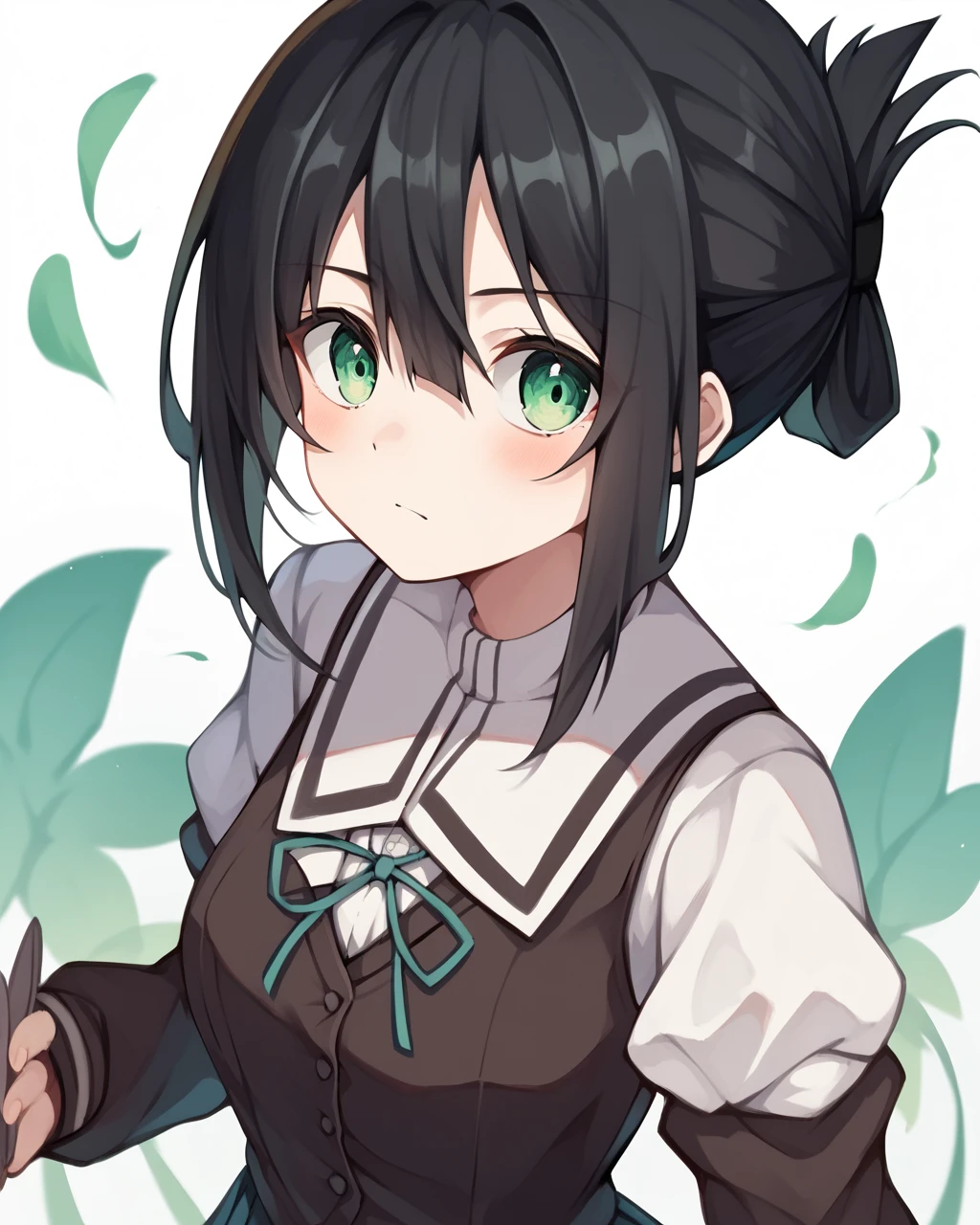 score_9, score_8_up, score_7_up, score_6_up, score_5_up, score_4_up, BREAK source_anime,
<lora:Washio_Sumi_PONY:1>,1girl,solo,green eyes, black hair,folded ponytail,ribbon,hair between eyes, school uniform,pleated skirt, black skirt, puffy sleeves, vest,