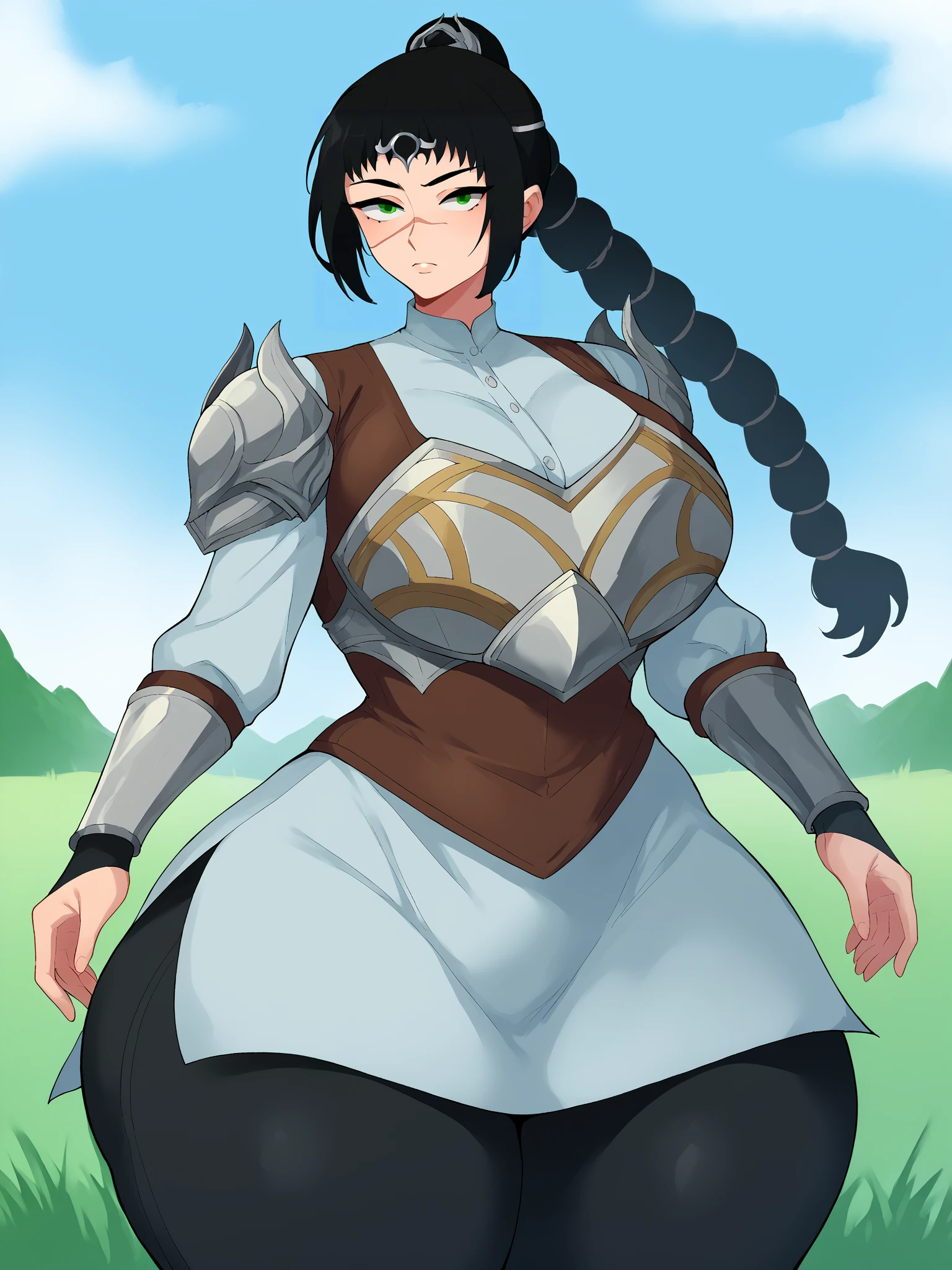 score_9, score_8_up, score_7_up, score_6_up, score_5_up, score_4_up, BREAK, source_anime, 1girl, solo, shadowheart, black hair, braided ponytail, green eyes, scar on face, circlet, looking at viewer, armor, huge breasts, thick thighs, leather pants, standing, grass, meadow background <lora:ShadowHeartXL:0.8> <lora:ThanukiartXLLocon:1>