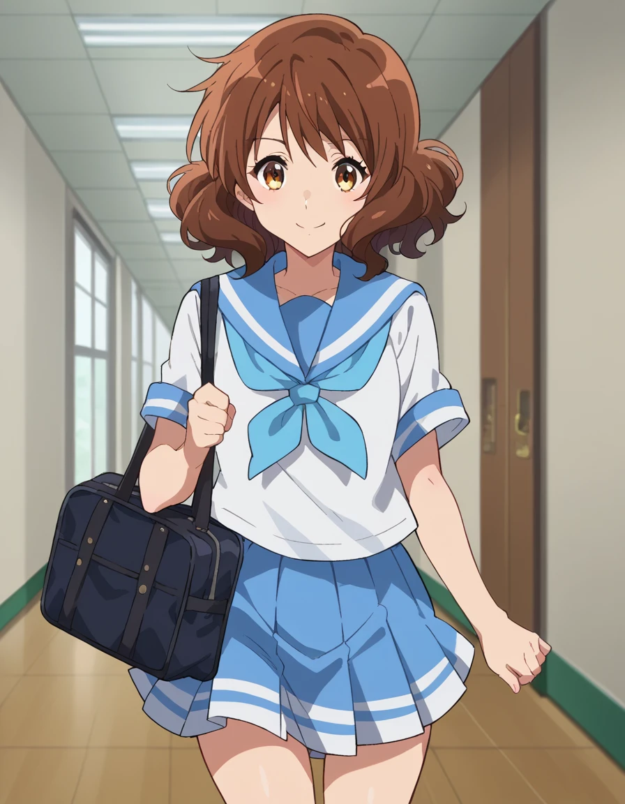 score_9, score_8_up, score_7_up, source_anime,
kumikooumae, <lora:kumiko-oumae-ponyxl-lora-nochekaiser:1>,
kumiko oumae, brown eyes, brown hair, short hair, wavy hair, smile,
skirt, shirt, school uniform, white shirt, short sleeves, pleated skirt, serafuku, sailor collar, blue skirt, neckerchief, blue sailor collar, school bag, blue neckerchief, kitauji high school uniform,
indoors, classroom, hallway,
looking at viewer, cowboy shot, dutch angle, dynamic pose,