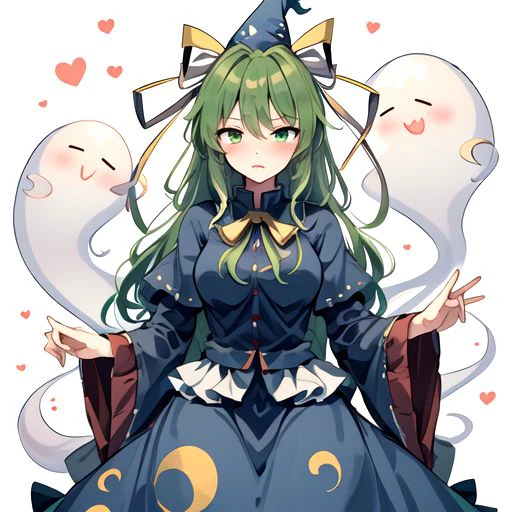 Best quality, most quality, solo, masterpiece, full body, blush, mima_touhou, green_hair, long_hair, hat, green_eyes, wizard_hat, bow, ribbon, blue_dress, breasts, ghost_tail,