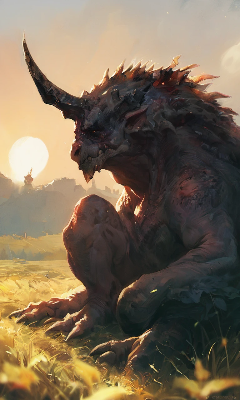 score_9, score_8_up, score_7_up, BREAK, gwentstyle, a horned creature sitting in a field, tired, sun rising, (dark fantasy:1.2), soft light, <lora:GwentStyle_v2:0.85>