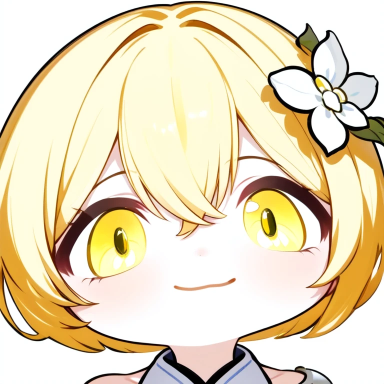 <lora:big-face2:1>,big-face, 1girl, lumine \(genshin impact\), solo, hair ornament, flower, hair flower, yellow eyes, blonde hair, looking at viewer, smile, white background, bangs, simple background, hair between eyes, portrait, chibi, sidelocks, white flower, short hair with long locks, closed mouth, close-up