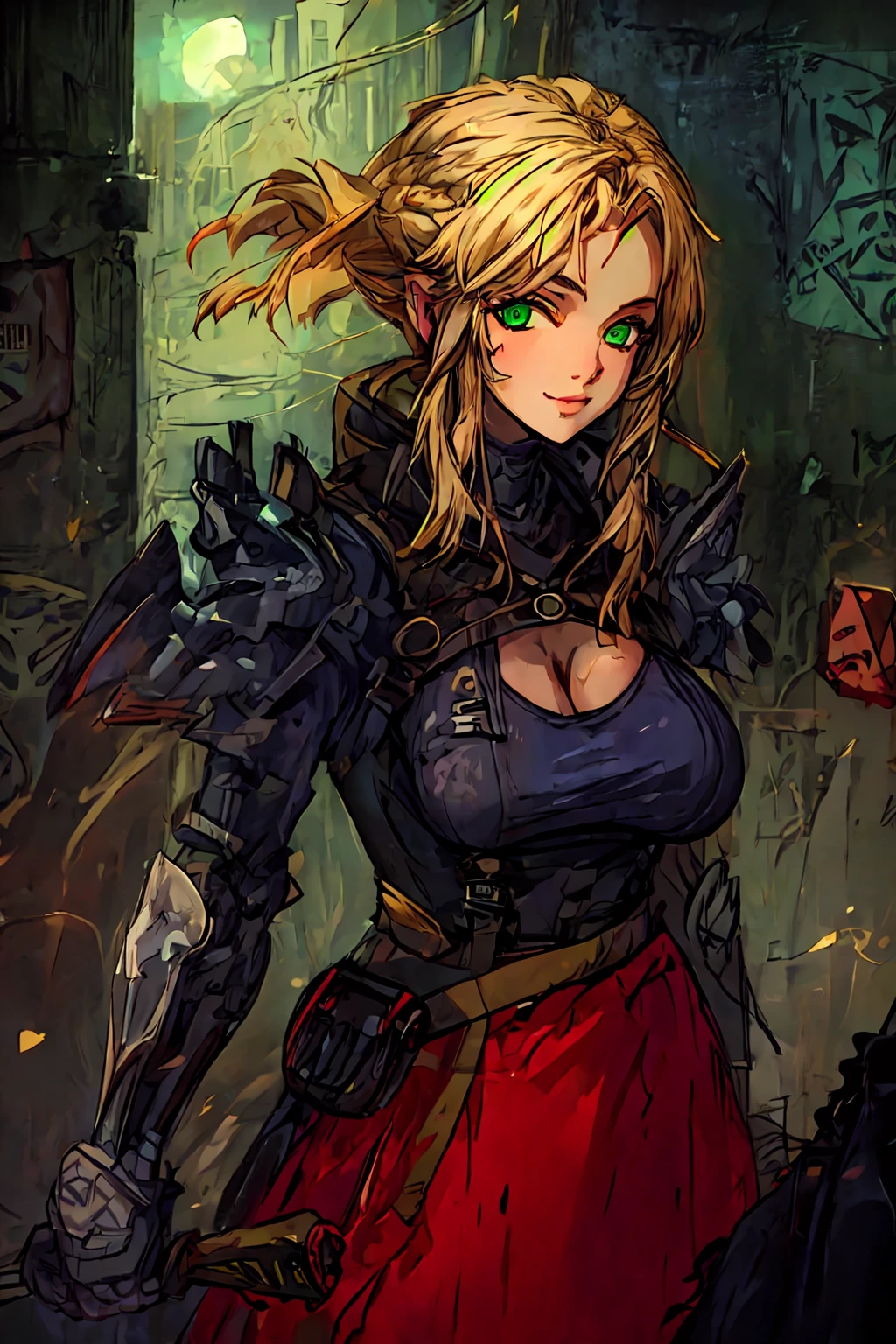 (masterpiece, best quality, ultra detailed, beautiful illustration), atmospheric perspective, depth of field, beautiful detailed eyes, anime eyes:1.4, (portrait, close-up:0.5), dynamic angle, (outdoors, cyberpunk city, hair floating in the wind, nigth), 1girl, sexy smile, (huge breasts), solo, long hair,blonde hair, green eyes, black metalic armor, cleavage, red skirt, holding a lance