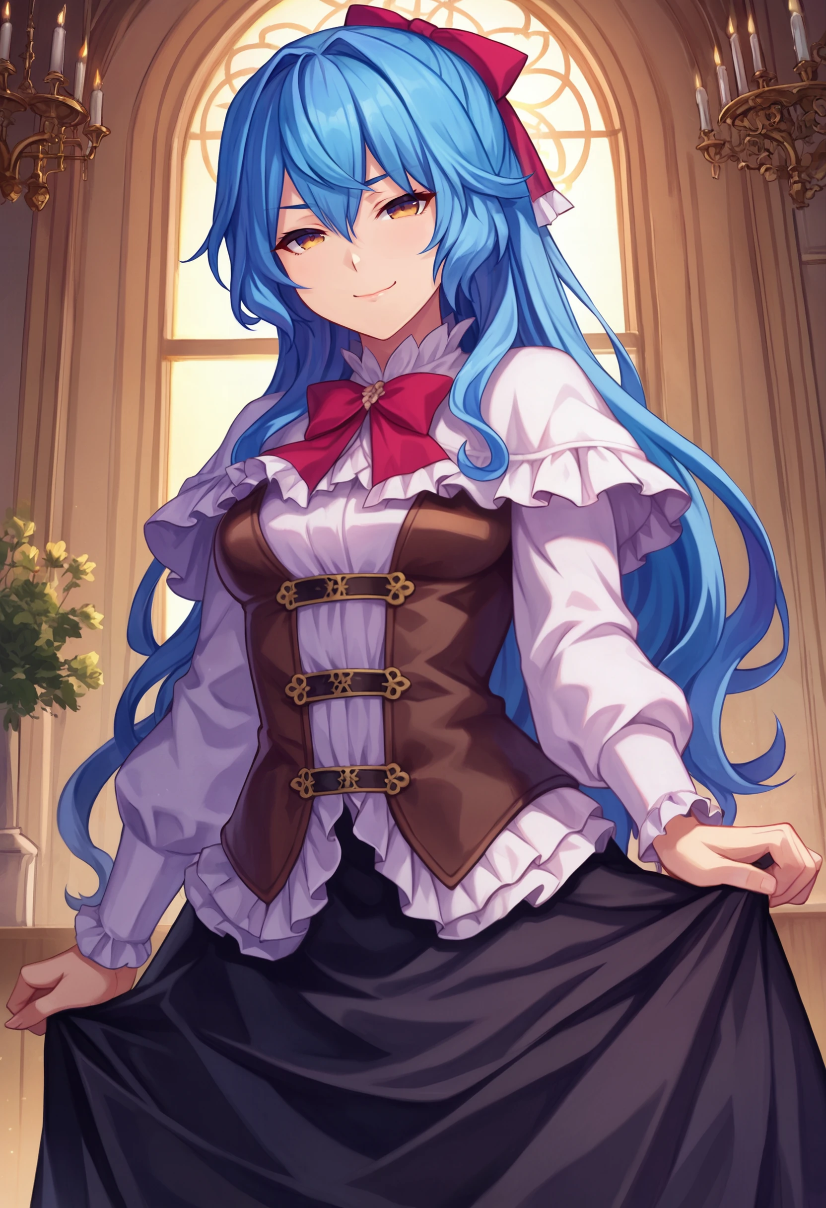 zPDXL, source_anime, cowboy shot,  BREAK
liselotte, blue hair, sidelocks, black skirt, 
default outfit,
closed mouth, naughty face,
standing,
indoors   <lora:liselotte-cretia-pdxl2-005:0.8>