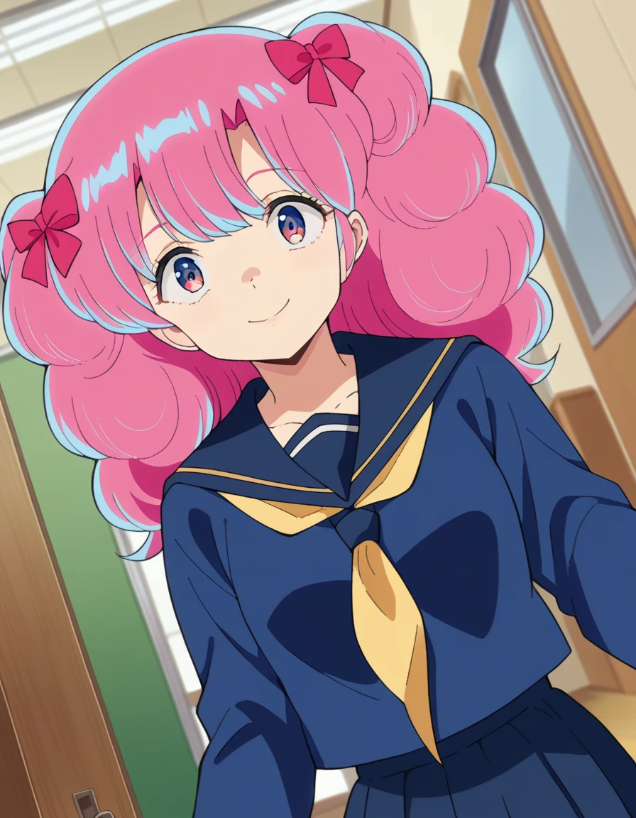 score_9, score_8_up, score_7_up, source_anime,
uruseiyatsuraran, <lora:urusei-ran-ponyxl-lora-nochekaiser:1>,
ran, long hair, bangs, pink hair, bow, hair bow, red bow, pink eyes, smile,
shirt, long sleeves, school uniform, serafuku, sailor collar, neckerchief, yellow neckerchief, shirt, blue shirt, blue sailor collar, blue skirt,
indoors, classroom, hallway,
looking at viewer, cowboy shot, dutch angle,