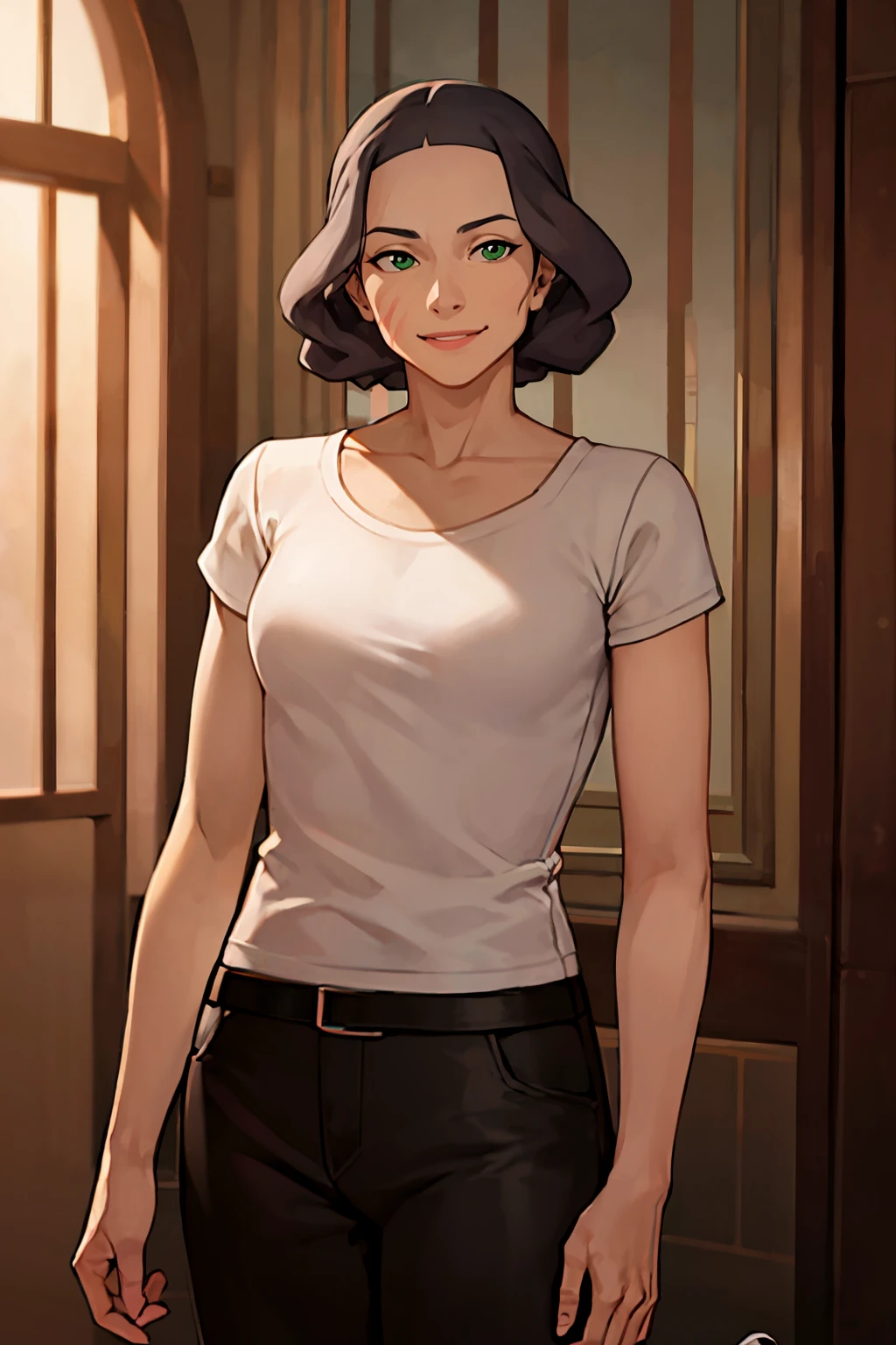 ((masterpiece,best quality)), absurdres, <lora:Lin_Bei_Fong_CivitAITrainer:0.8>,   Lin_Bei_Fong, 1girl, solo, short_hair, black_hair, green_eyes,   scar, collarbone, white_shirt,  solo, smiling, looking at viewer, hand on hip, cowboy shot