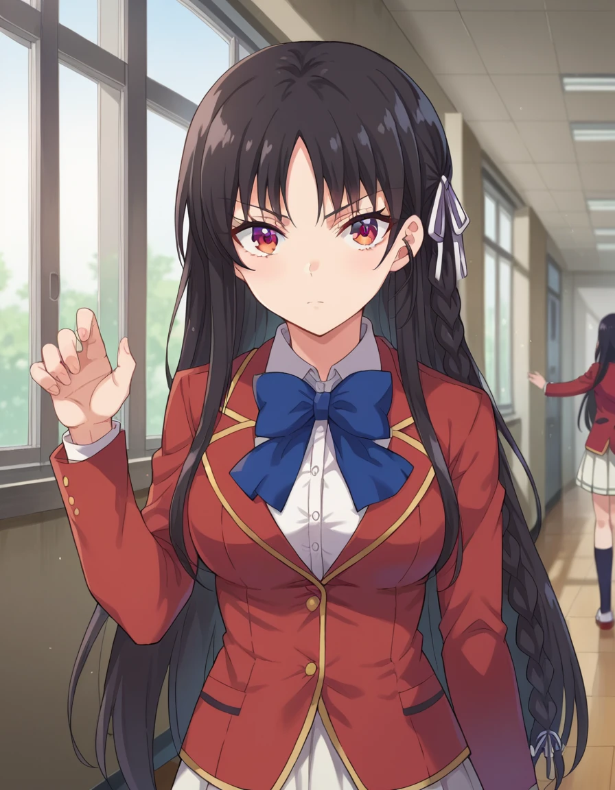 score_9, score_8_up, score_7_up, source_anime,
suzunehorikita, <lora:suzune-horikita-ponyxl-lora-nochekaiser:1>,
suzune horikita, long hair, black hair, red eyes, hair ribbon, braid,
bow, school uniform, jacket, bowtie, blue bowtie, blazer, red blazer, skirt, white skirt,
indoors, classroom, hallway,
looking at viewer, dynamic pose, cowboy shot,