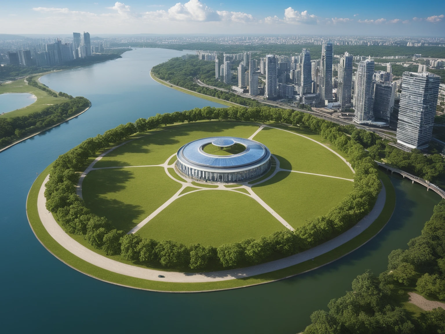 <lora:JJsBirdviewArchiSite_XL:1>,((Birdview Archi Site)) , ((best quality)),((masterpiece)),((realistic)), outdoors, cloud, blue sky, no humans, building, scenery, city, cityscape, skyscraper, center composition, park, car, tree, grass, lawn, river, boat,