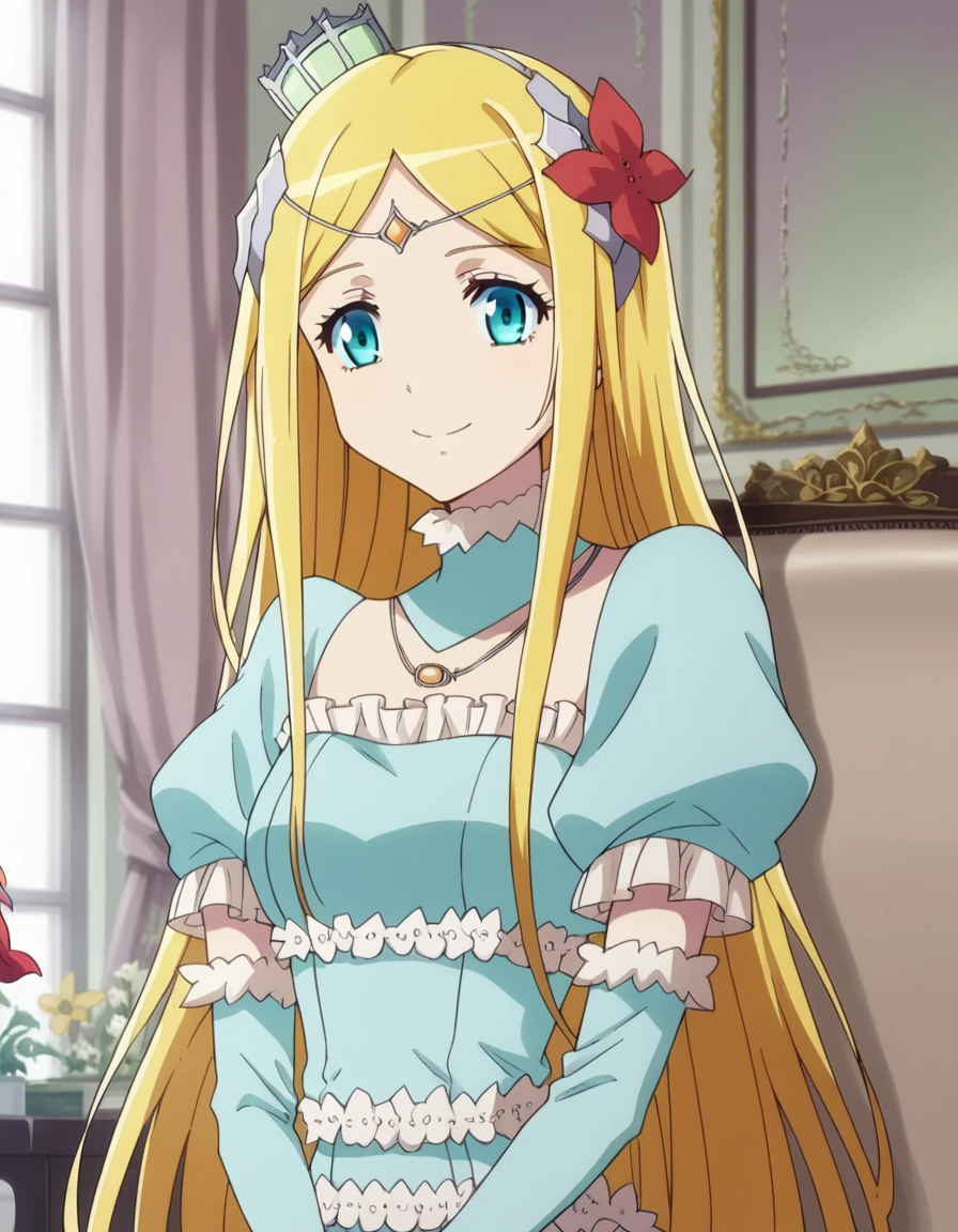 score_9, score_8_up, score_7_up, source_anime,
rennertheierechardelonrylevaiself, <lora:renner-theiere-chardelon-ryle-vaiself-ponyxl-lora-nochekaiser:1>,
renner theiere chardelon ryle vaiself, long hair, blue eyes, blonde hair, hair ornament, very long hair, flower, hair flower, smile,
long sleeves, dress, jewelry, puffy sleeves, necklace, blue dress, crown, princess, frills,
indoors,
looking at viewer, cowboy shot, dutch angle,